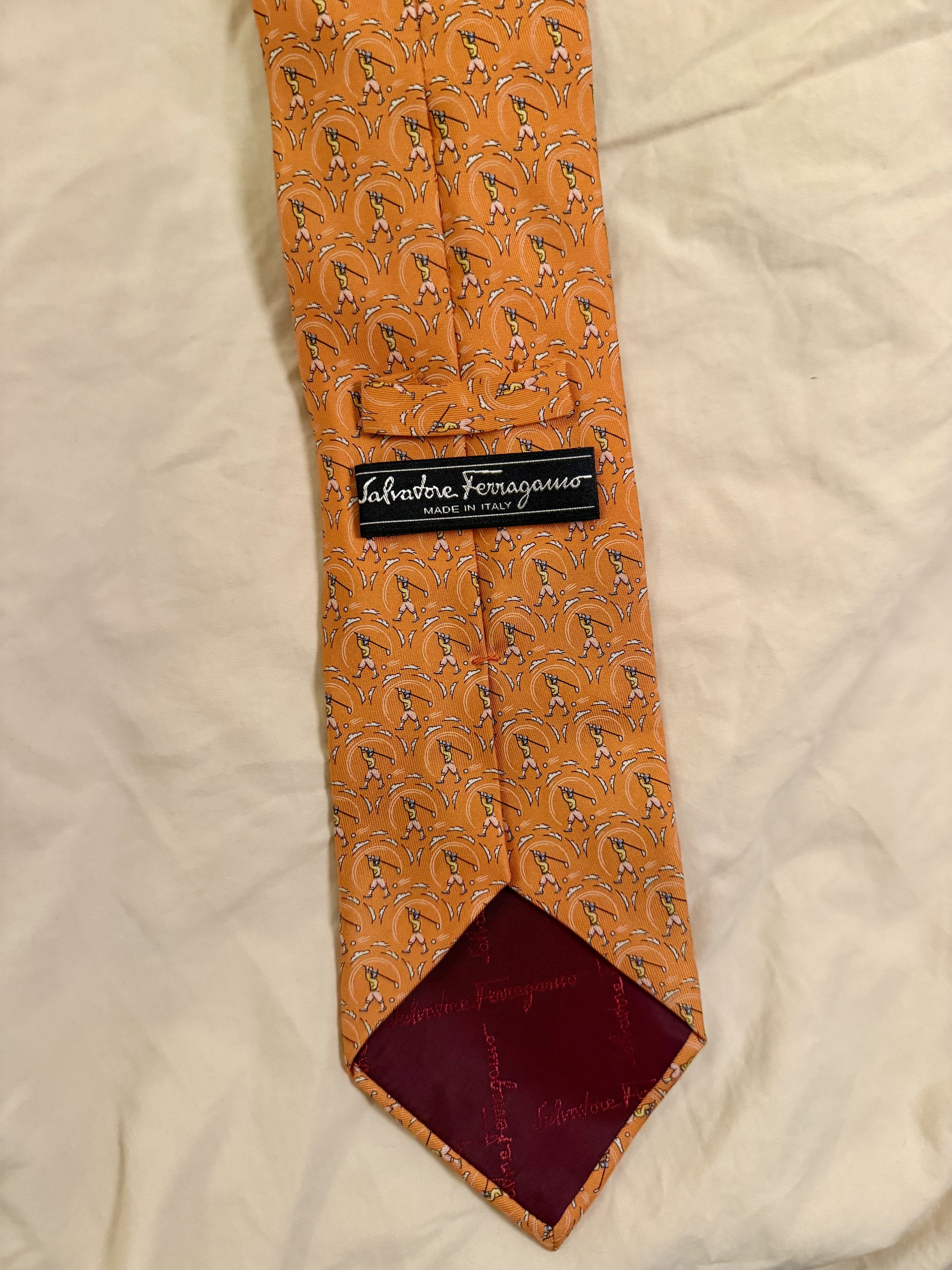 Hermes Ferragamo Golfers Silk Tie Orange Novelty Print Size ONE SIZE - 4 Thumbnail