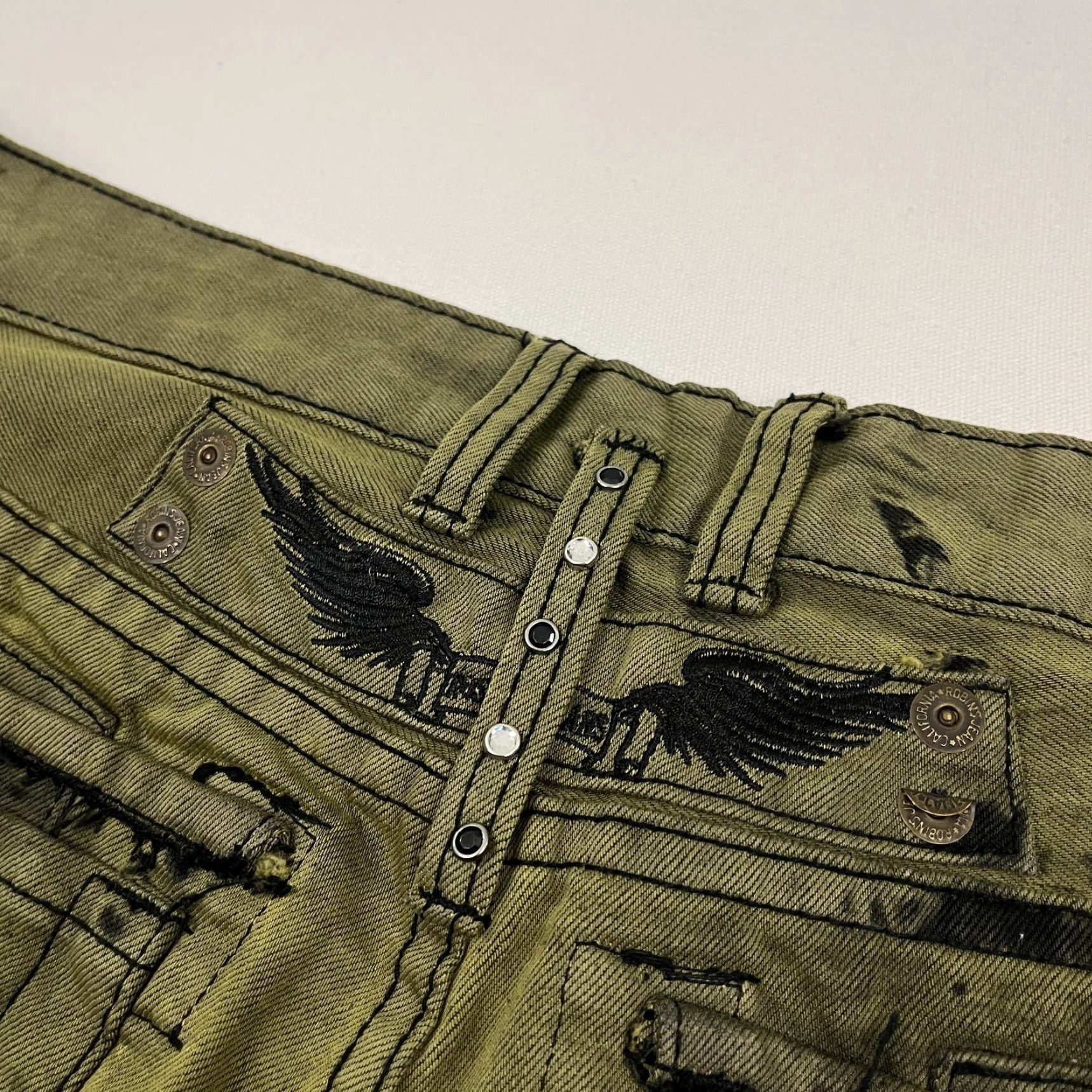 Vintage VINTAGE Robins Jeans Motard Moto Men 38x34 Green Black Dyed Wings Grunge Hip Hop Y2K VTG Jeans Mens Regular 38 Green 5-Pocket Design Denim Cotton Size US 38 / EU 54 - 2 Thumbnail