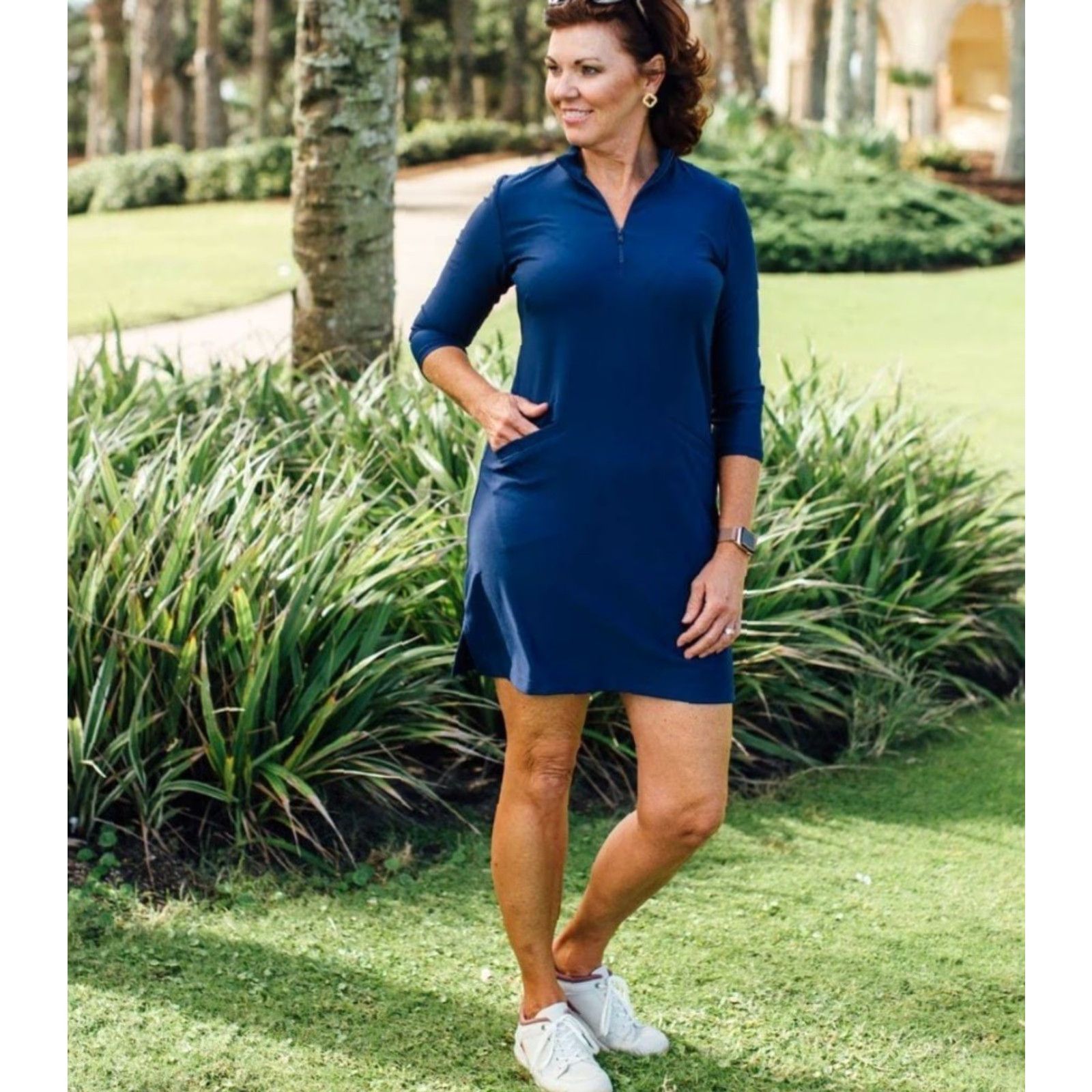 Vintage Katherine Way Shift Dress Womens XL Blue 3/4 Sleeve UPF 50+ Knit Nylon Spandex Dress Knee Length Casual Travel Size XL / US 12-14 / IT 48-50 - 2 Thumbnail