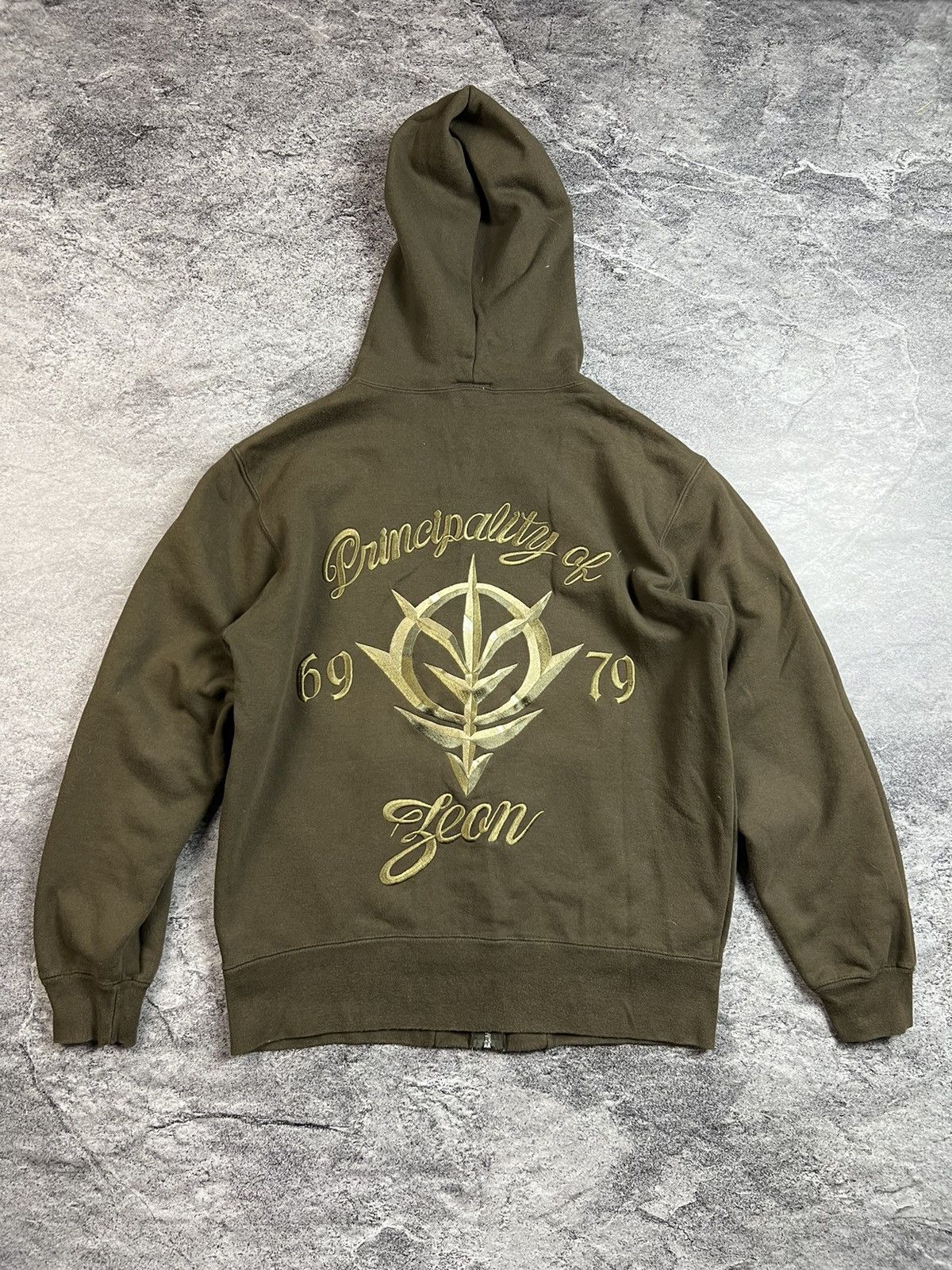 image of Anima x Vintage 00S Gundam Principality Of Zeon Cospa Japan Manga Zip Hoodie in Khaki Green (Size M