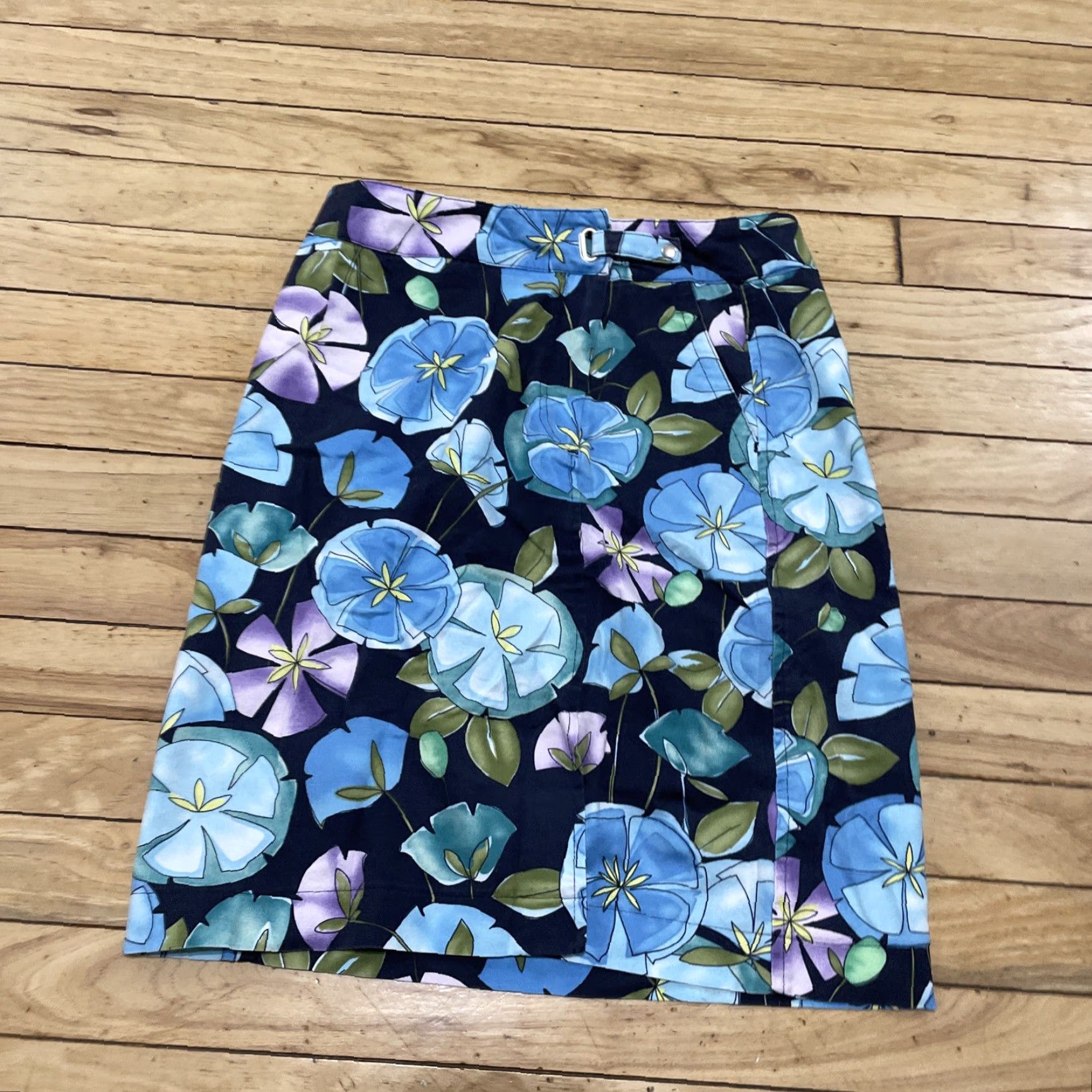 Talbots VINTAGE Talbots Skirt Hawaiian Floral Midi Cotton Canvas Belted Blue Green Black Women 2 Regular Summer Spring Womens Size 26" / US 2 / IT 38 - 3 Thumbnail