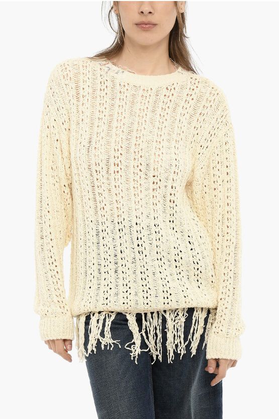 image of Andersson Bell Perforated Crew-Neck Sweater With Fringes in White, Women's (Size Small)