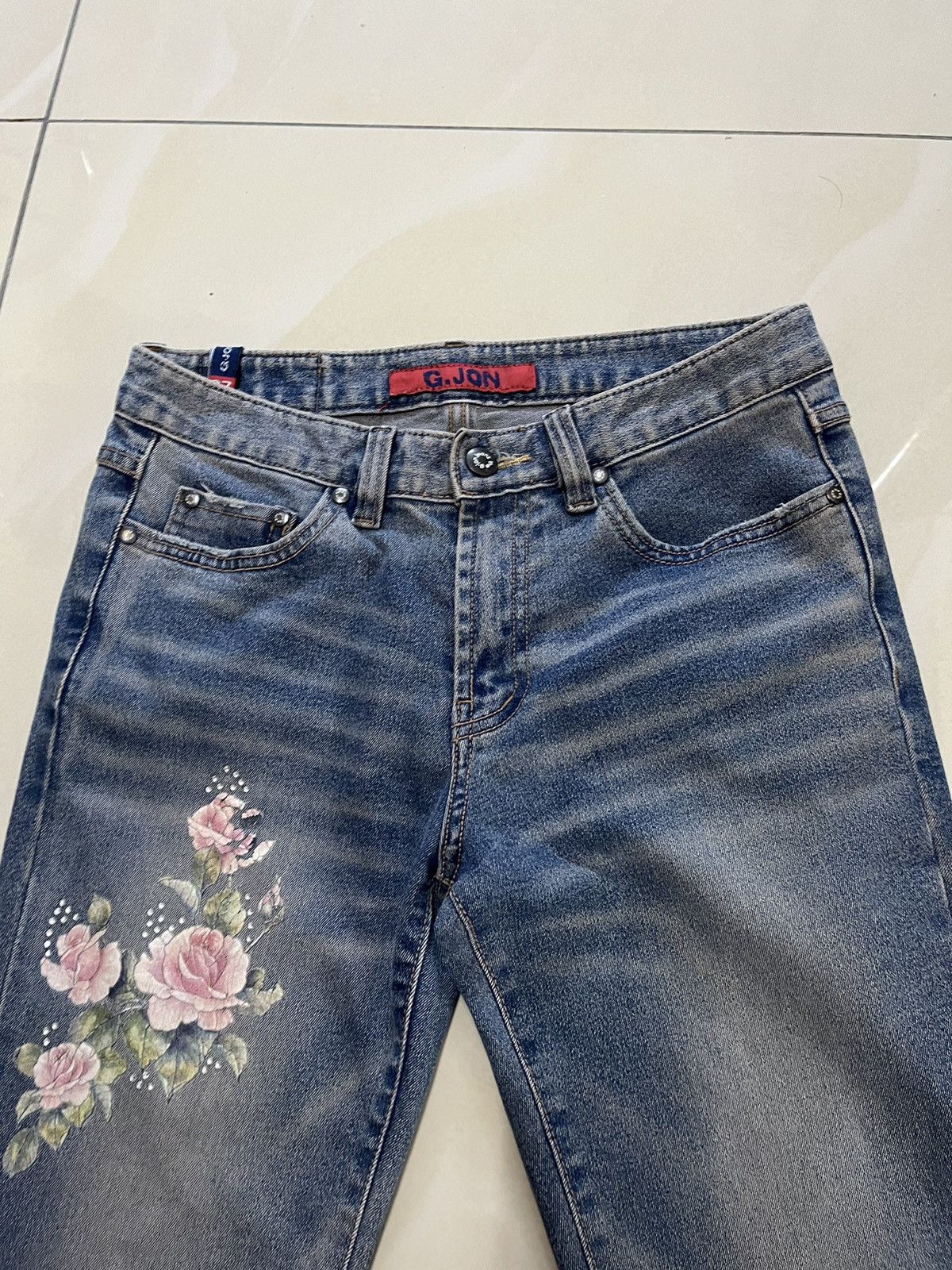 Tornado Mart Flare Jeans G.JON roses distressed low rise rusty denim Size US 29 - 7 Thumbnail