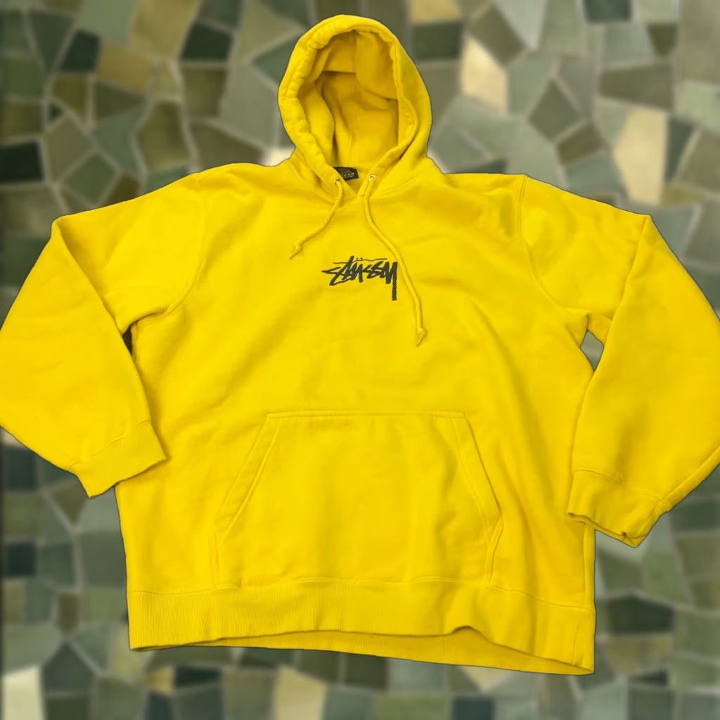 Stussy Hoodie Mens XXL Yellow Embroidered Logo Sweatshirt
