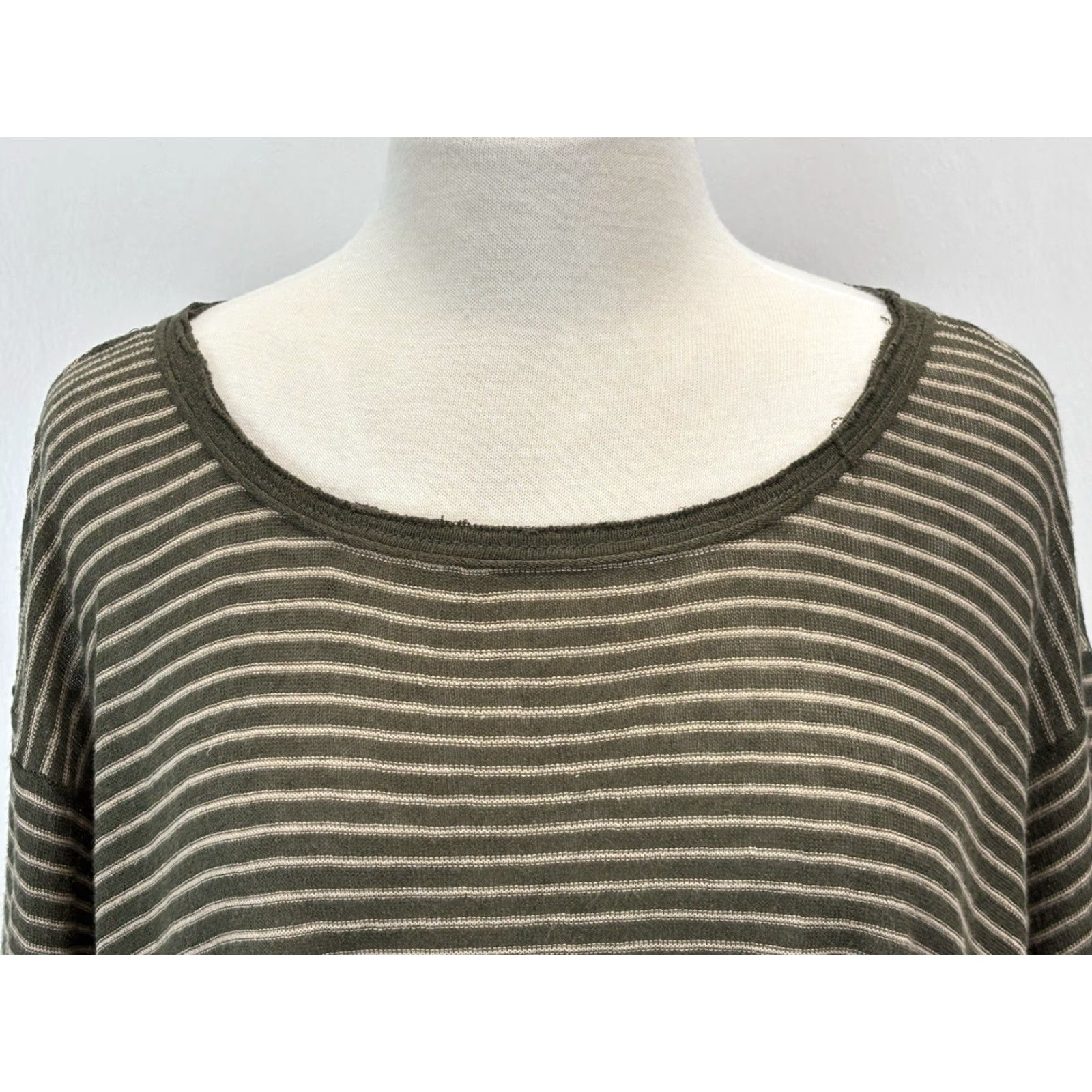 Free People Free People Blouse Women Size Small Olive Linen Stripe 3/4 Sleeve Round Neck Boxy Love Me Do Size S / US 4 / IT 40 - 5 Thumbnail