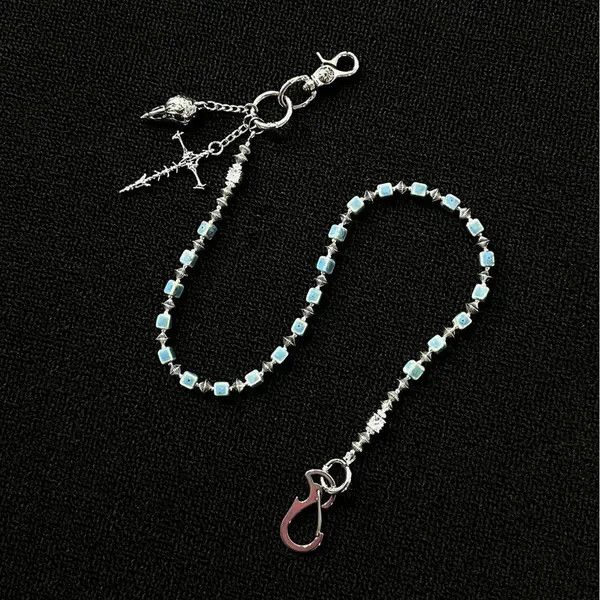 Jewelry Silver Blue Beaded Men’s Chain with Cross Pendant Size ONE SIZE - 8 Thumbnail