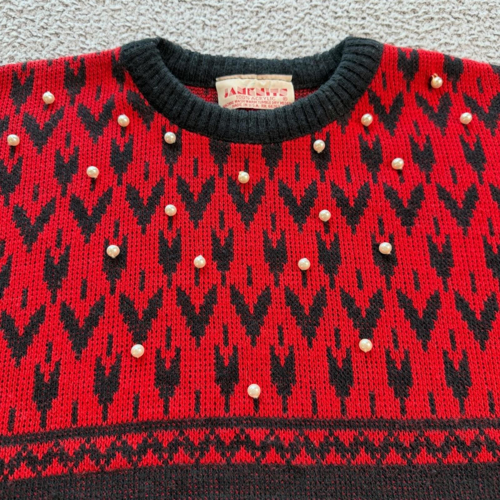 Other Vintage 80s Jansens Red Black Pearl Embellished Sweater USA Size M / US 6-8 / IT 42-44 - 5 Thumbnail