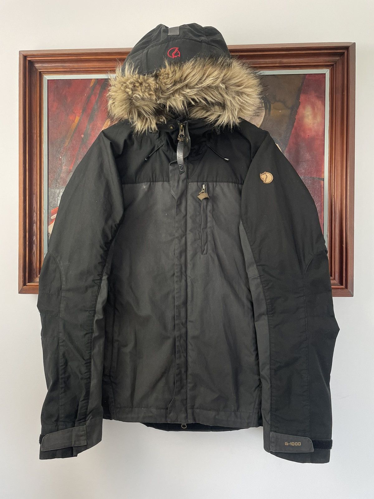 image of Fjallraven G1000 Jacket Outdoor Fur Hood Vintage Y2K in Black Grey, Men's (Size Small)