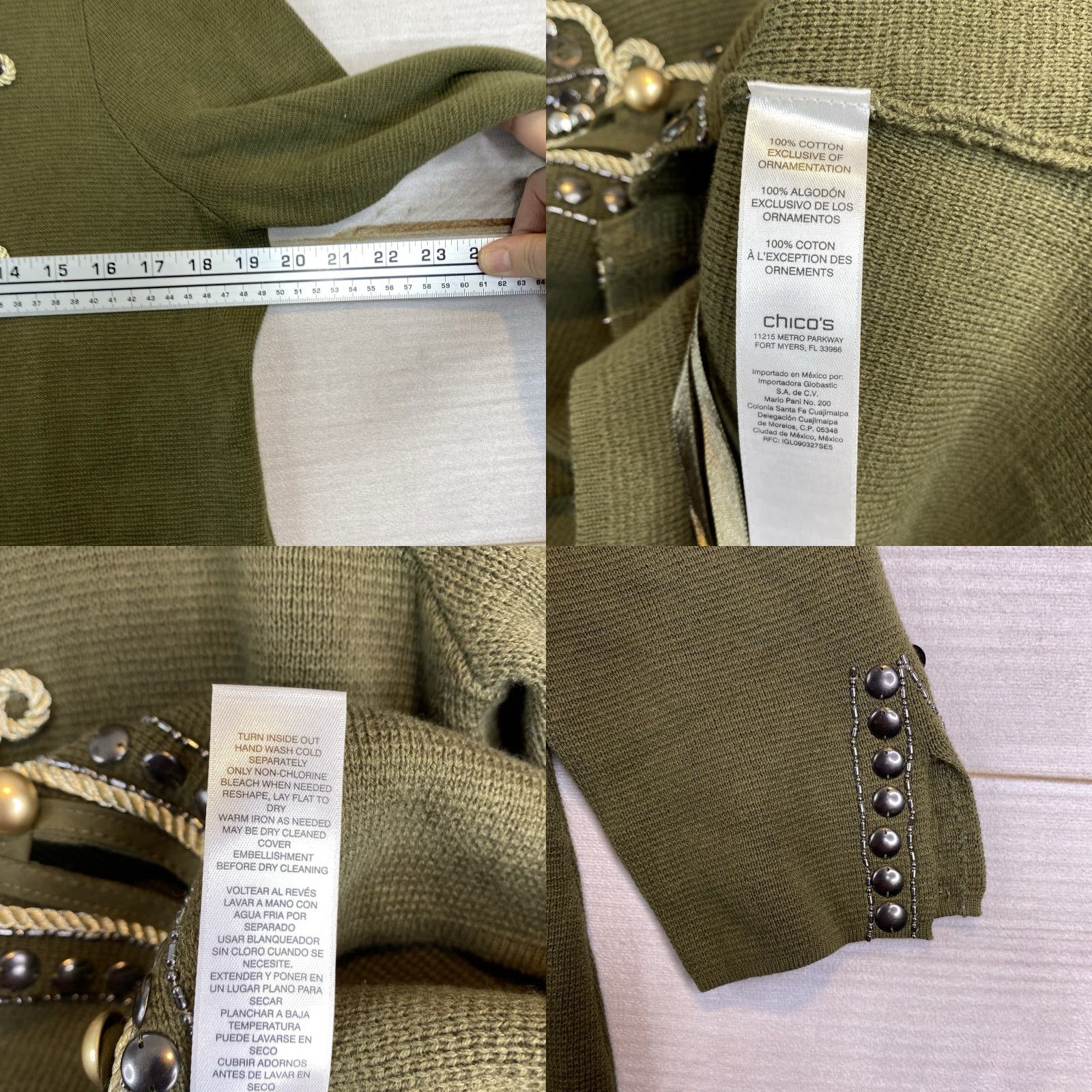 Vintage Chicos Cardigan Sweater 1 M 8/10 Olive Green Beaded Studded 3/4 Sleeve NWT Women's Knit 100% Cotton Button Up High Neck Modern Classic Size M / US 6-8 / IT 42-44 - 8 Thumbnail