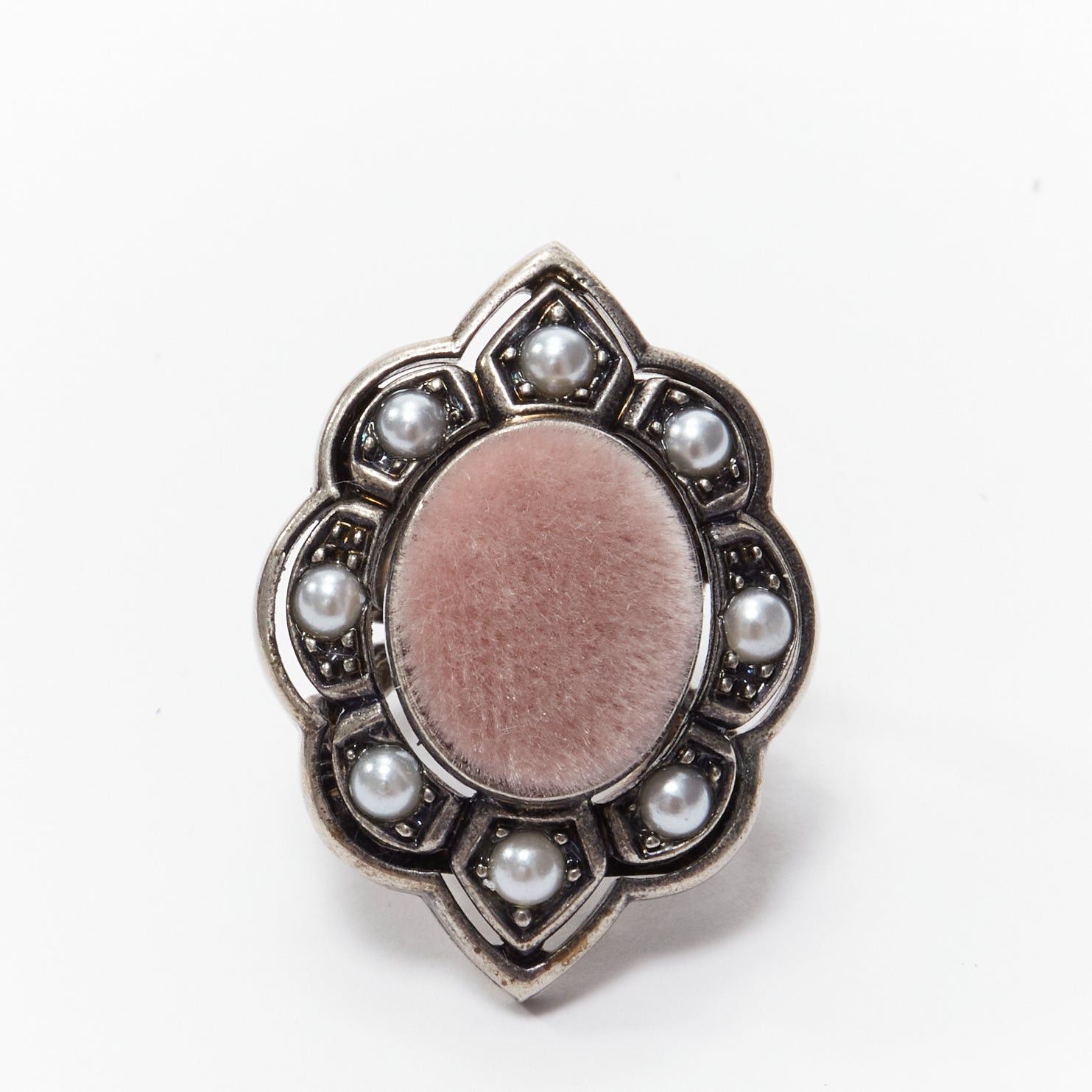 image of Gucci Alessandro Michele Pink Velvet Distressed Silver Oversized Cocktail Ring, Women's