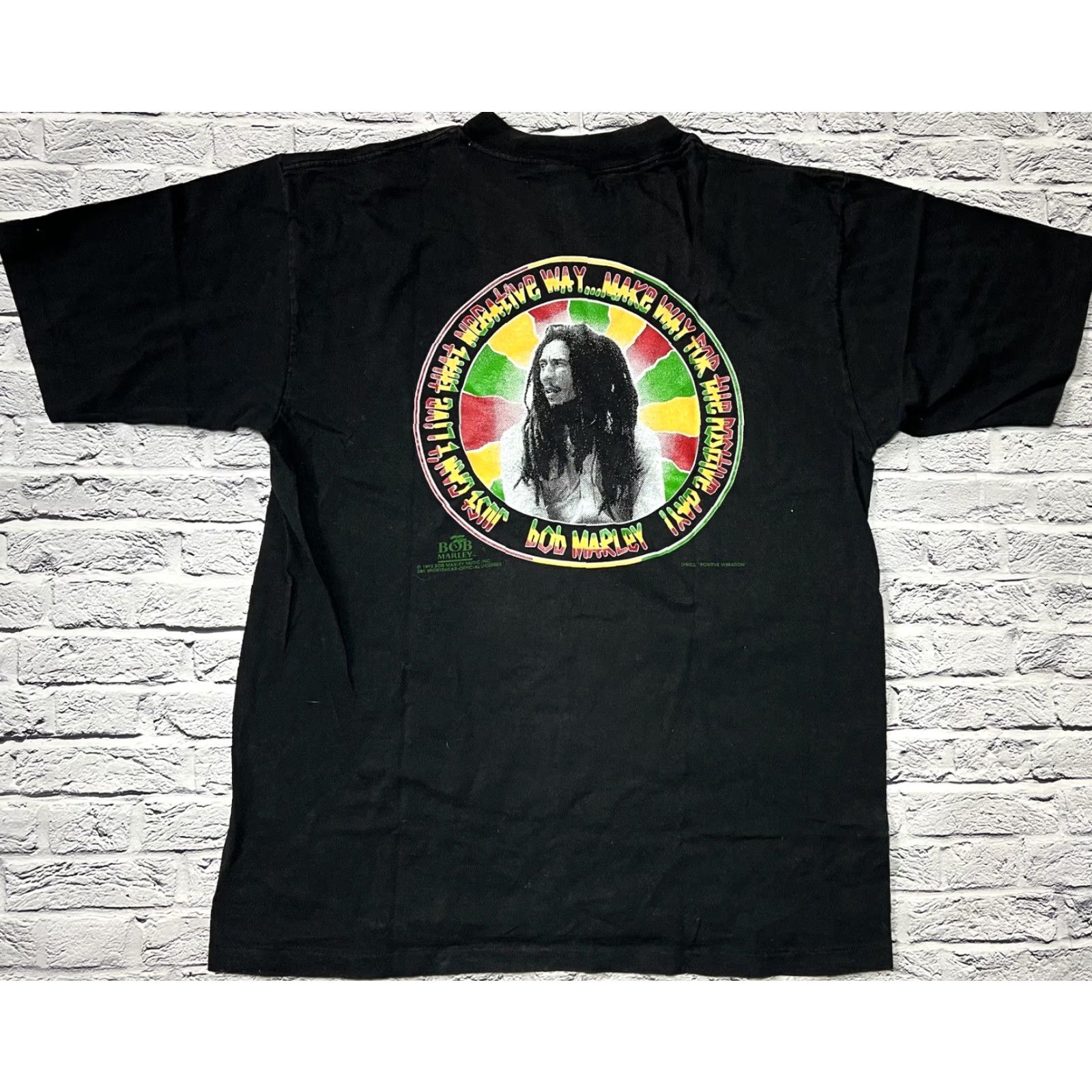 Vintage VINTAGE Bob Marley S&E Sportswear T-Shirt Mens L Black Lyric 1992 Positive Vibration Music Shirt Size US L / EU 52-54 / 3 - 2 Thumbnail
