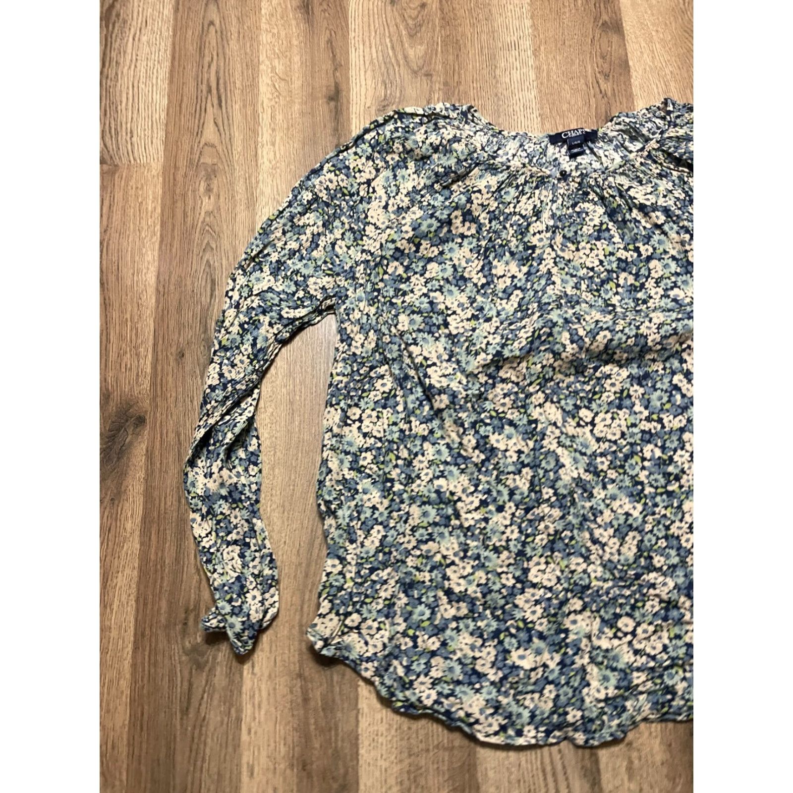 Chaps VINTAGE? No—CHAPS Blouse Women’s Large Blue White Green Floral Long Sleeve Size L / US 10 / IT 46 - 3 Thumbnail