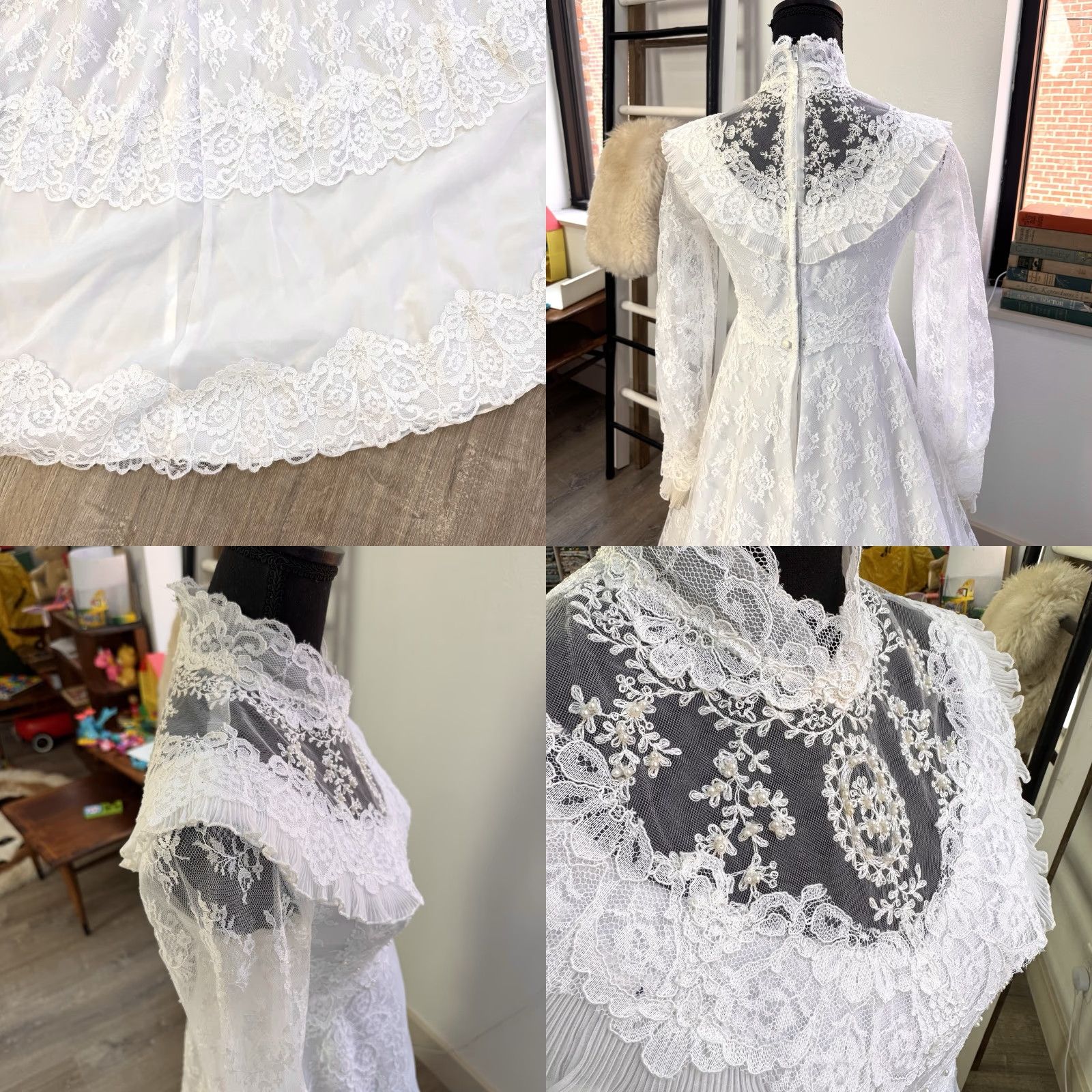 Vintage VINTAGE Union Made White Lace Victorian Boho High Neck Wedding Dress 60s 70s 8 Size ONE SIZE - 8 Thumbnail