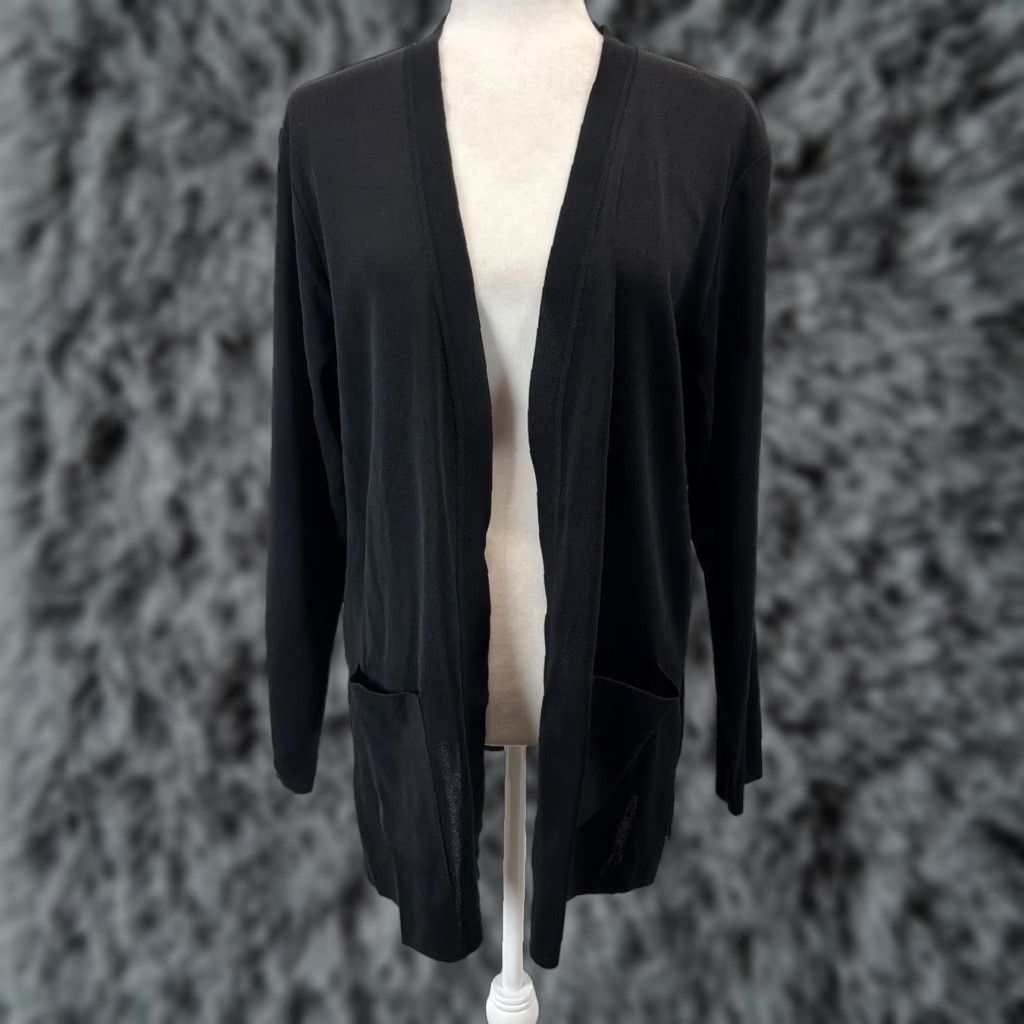 VINTAGE Women's Exclusively Misook Knit Cardigan L Black Open Front Pockets Basic Cardigan Womens L Black Open Front Pockets