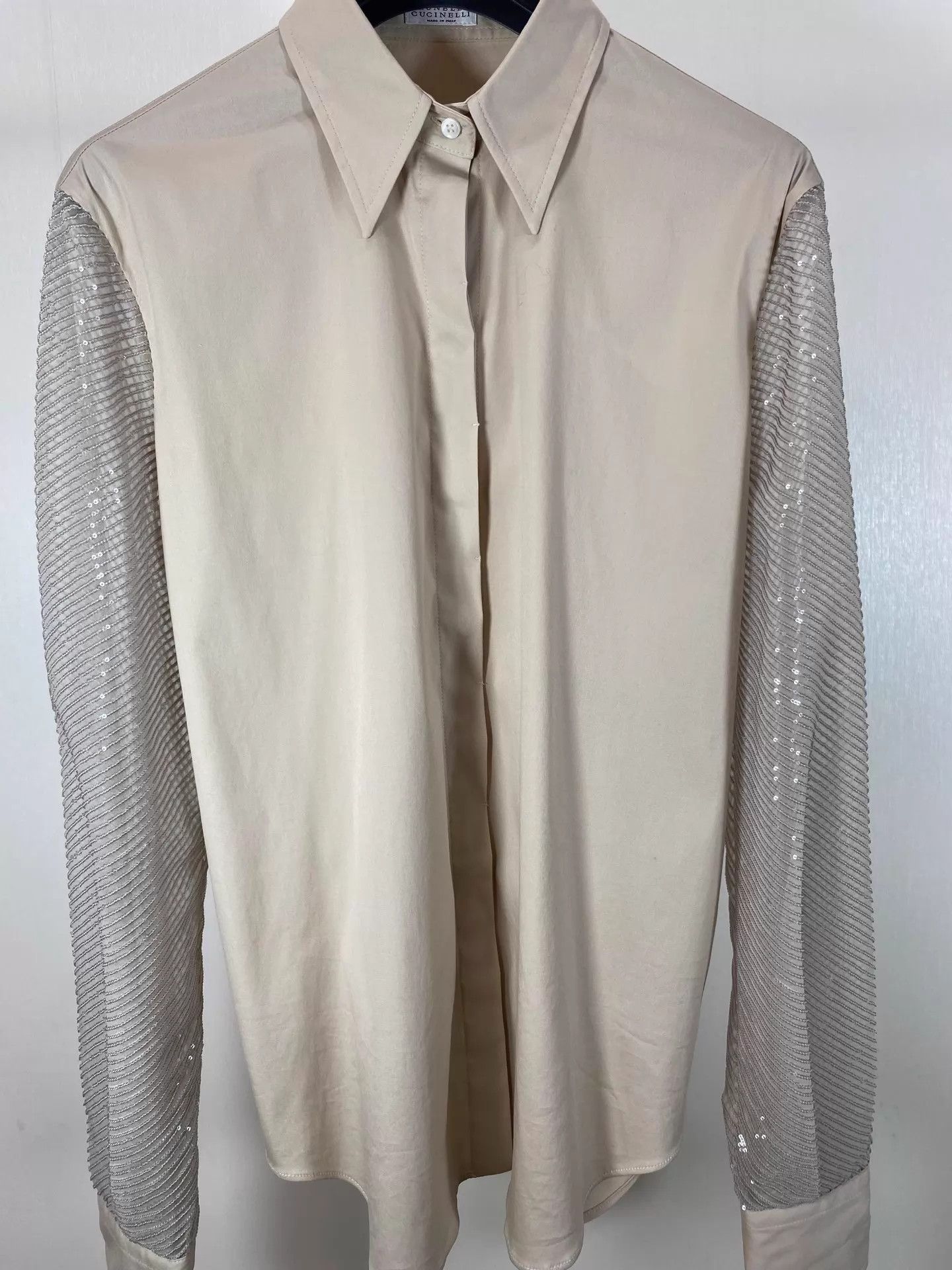 Brunello Cucinelli Brunello Cucinelli Silk Sequin-Sleeve Panel Shirt S 99N Size S / US 4 / IT 40 - 6 Thumbnail