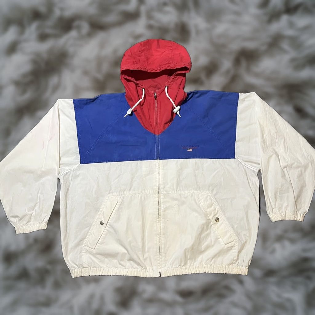 VINTAGE Polo Sport Ralph Lauren Jacket Windbreaker Hooded Zip 90s Colorblock Multicolor Mens L
