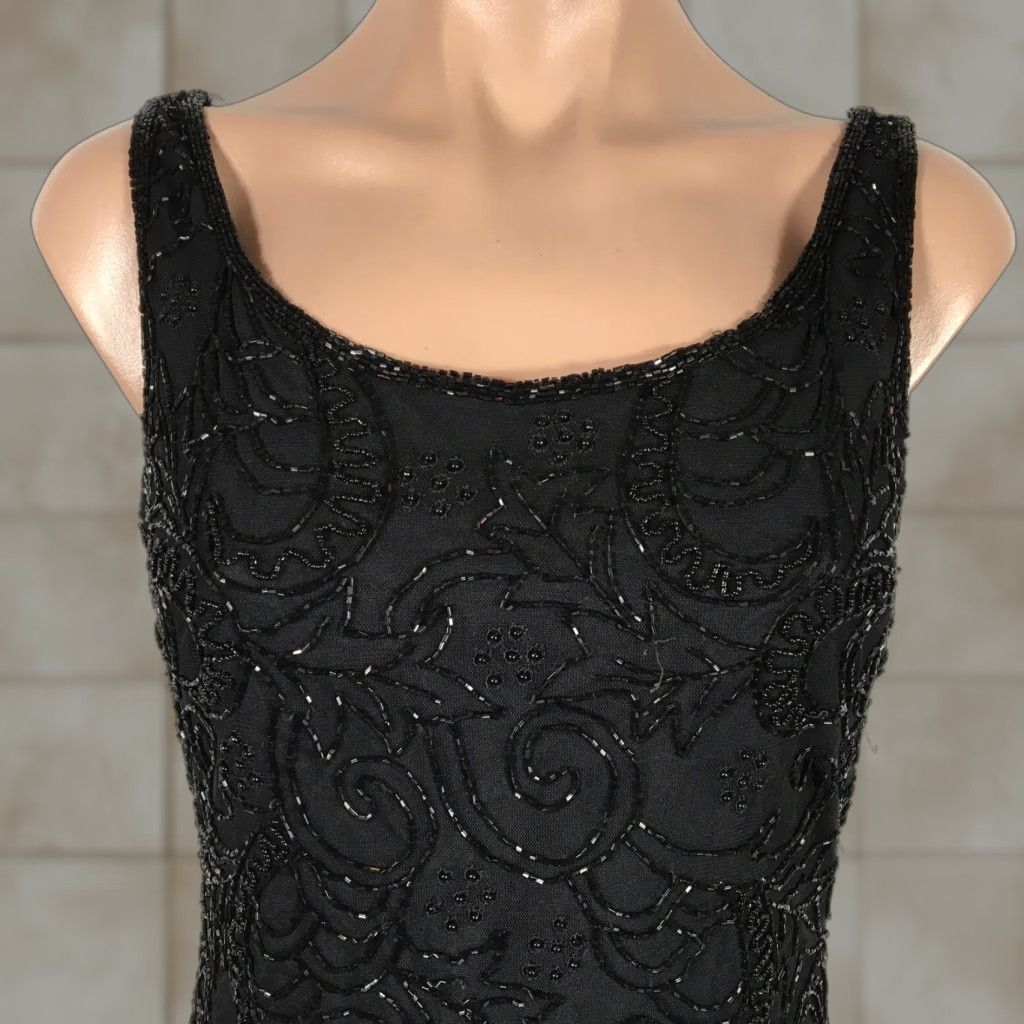 VINTAGE Laurence Kazar Gala Dress - 90s Beaded Sequin Silk Mini Gatsby Formal Dress S Blue Womens