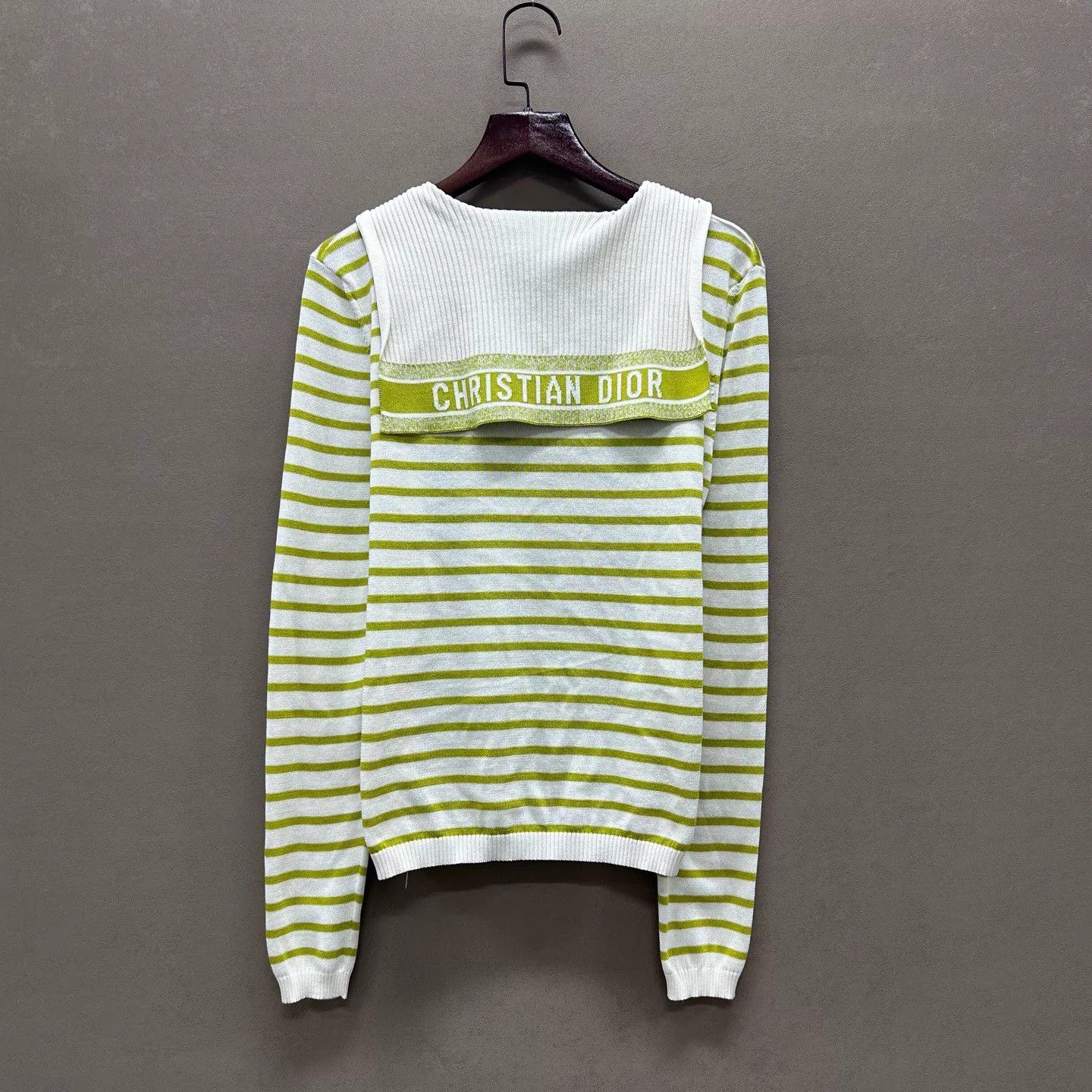 Dior DIOR 98 New Green & White Striped V-Neck Long Sleeve 38 Size S / US 4 / IT 40 - 2 Thumbnail