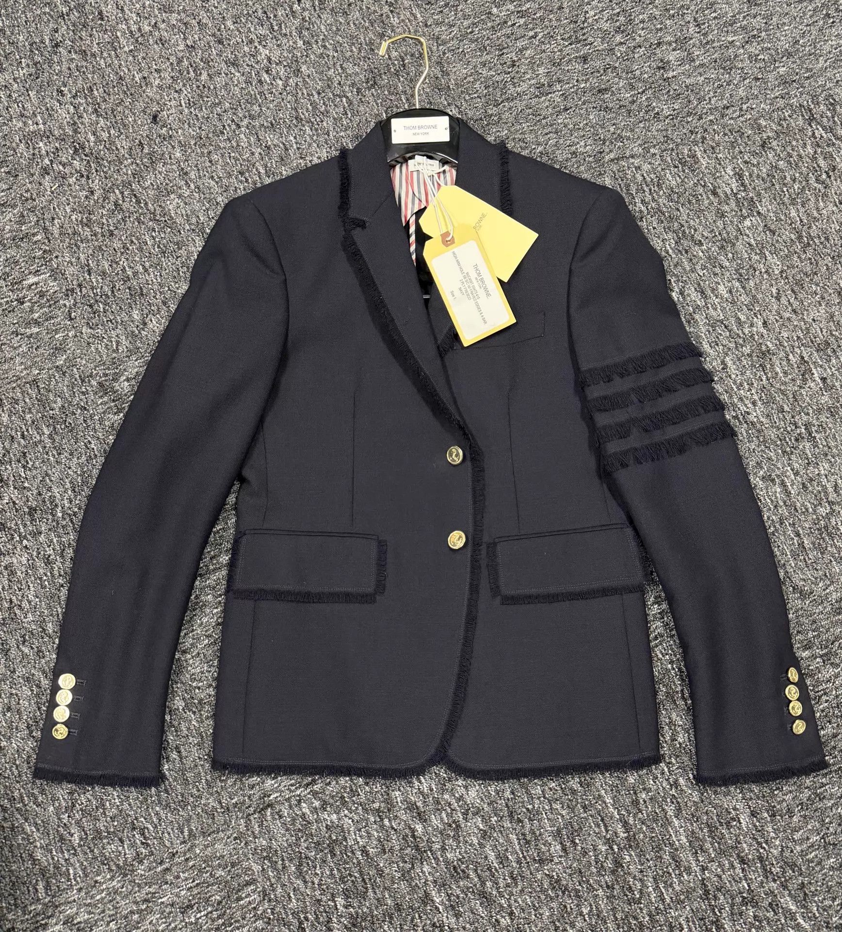 Thom Browne Thom Browne Men's 4-Bar Fringe Distressed Navy Slim Blazer Size US S / EU 44-46 / 1 - 3 Thumbnail
