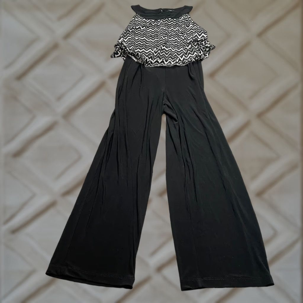 Sami & Jo Jumpsuit Womens Plus 1X Black Zig Zag Sleeveless Wide Leg Stretch Geometric Pattern\