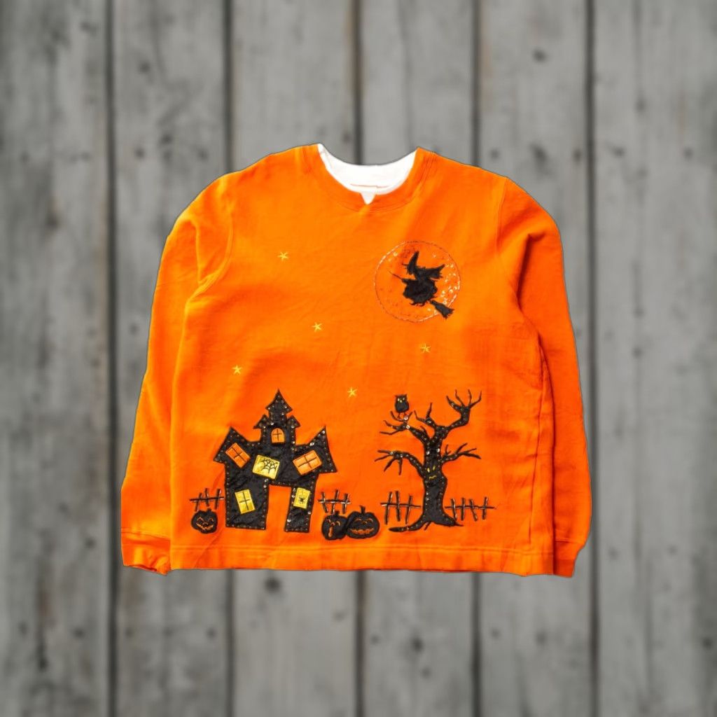 Vintage VINTAGE White Stag Witch Applique Halloween Sweatshirt 1990s Large Orange Polyester / Cotton Womens? Size US L / EU 52-54 / 3 - 1 Thumbnail