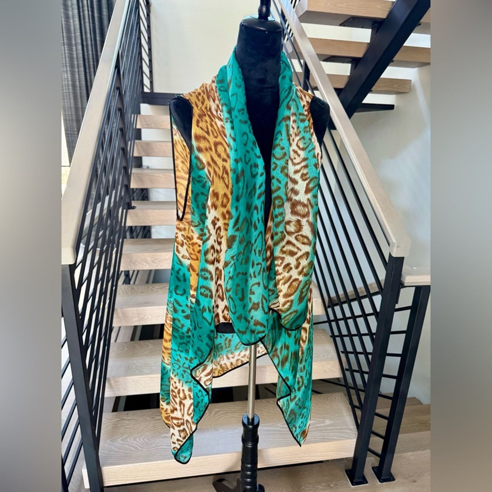 Other Chiffon kaftan tunic poncho beach coverup Leopard Teal Scarf Size ONE SIZE - 5 Thumbnail