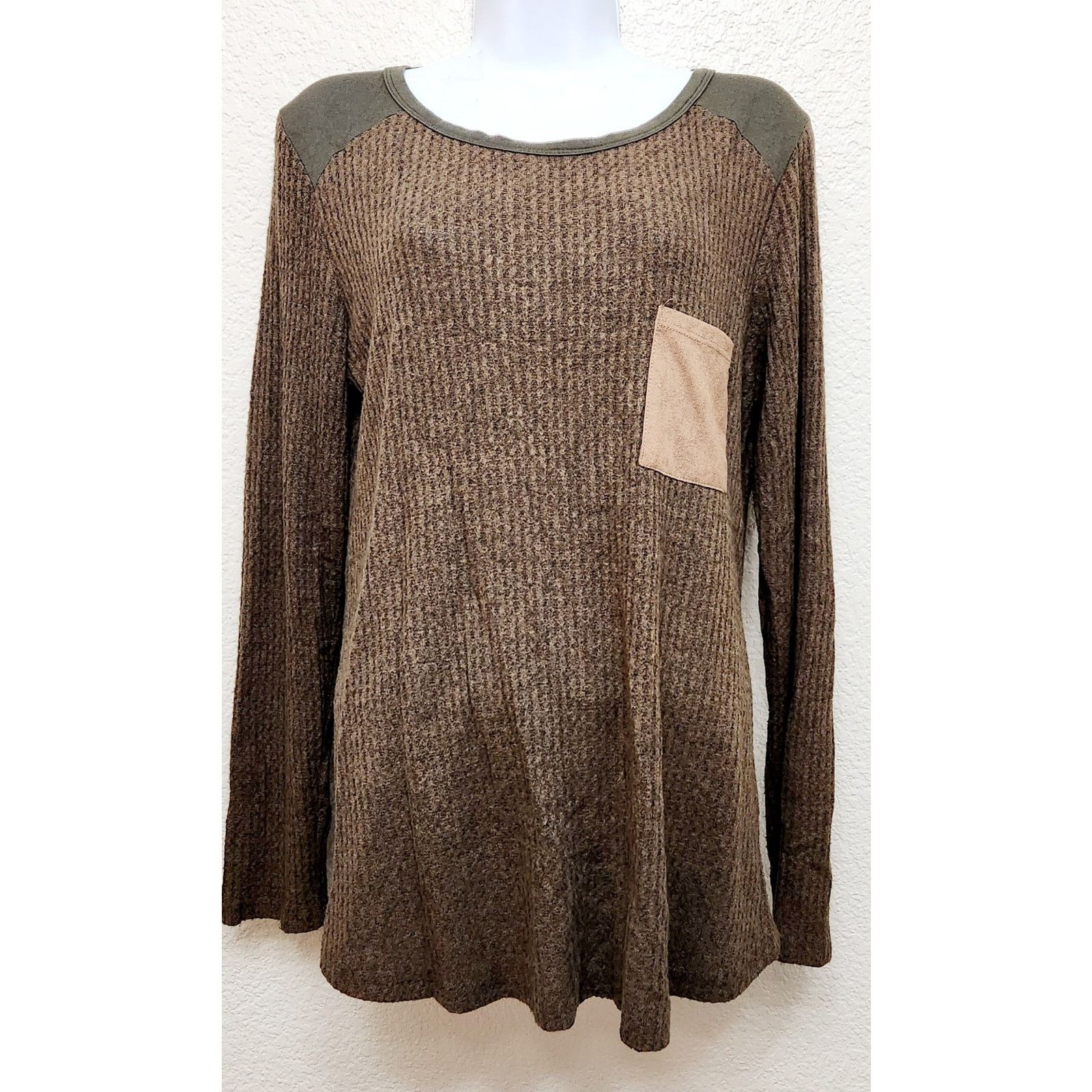 Other Mai Soli Brown Green Waffle Knit Contrasting Trim Top Large Size L / US 10 / IT 46 - 1 Thumbnail