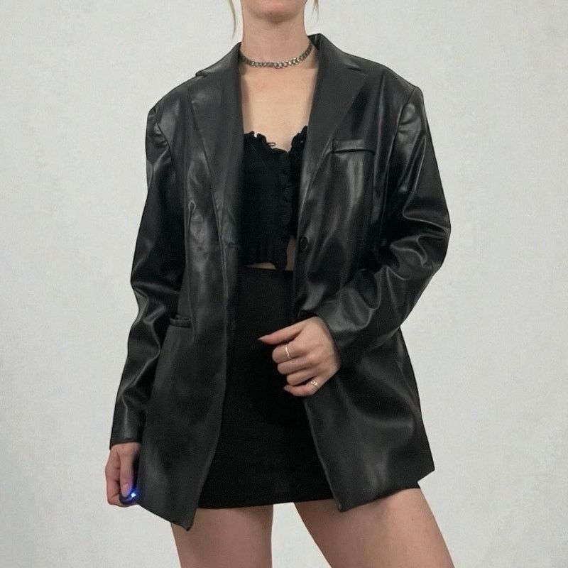 H&M Divided by H&M Black Faux Leather Button Down Jacket Size S / US 4 / IT 40 - 2 Thumbnail