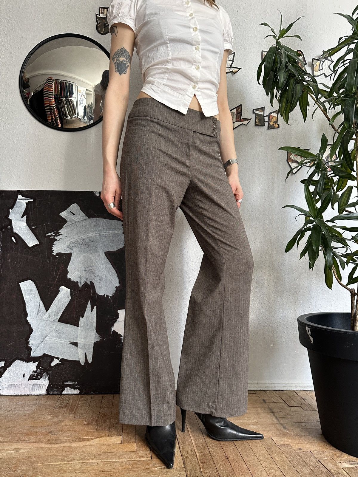 Beauty Beast × Japanese Brand Sade Office Siren Corpcore Wide Leg Stripe Pants Flared 00s Size 30" / US 8 / IT 44 - 2 Thumbnail