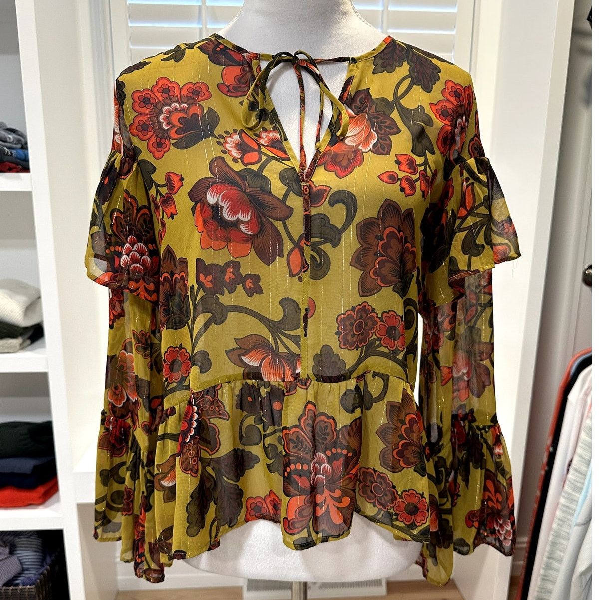 Loft Loft Women's Woodland Bell Sleeve Yellow Floral Sheer XXS Size XXS / US 00 / IT 34 - 2 Thumbnail