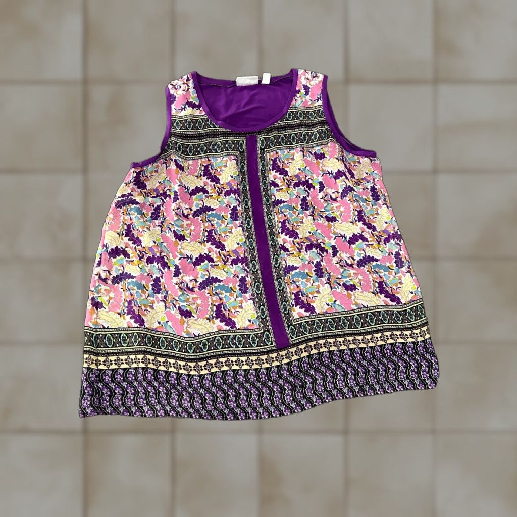 Vintage Susan Graver Tunic Blouse sleeveless Womens Large Purple Floral Knit Polyester Spandex Casual Shirt Size L / US 10 / IT 46 - 1 Thumbnail