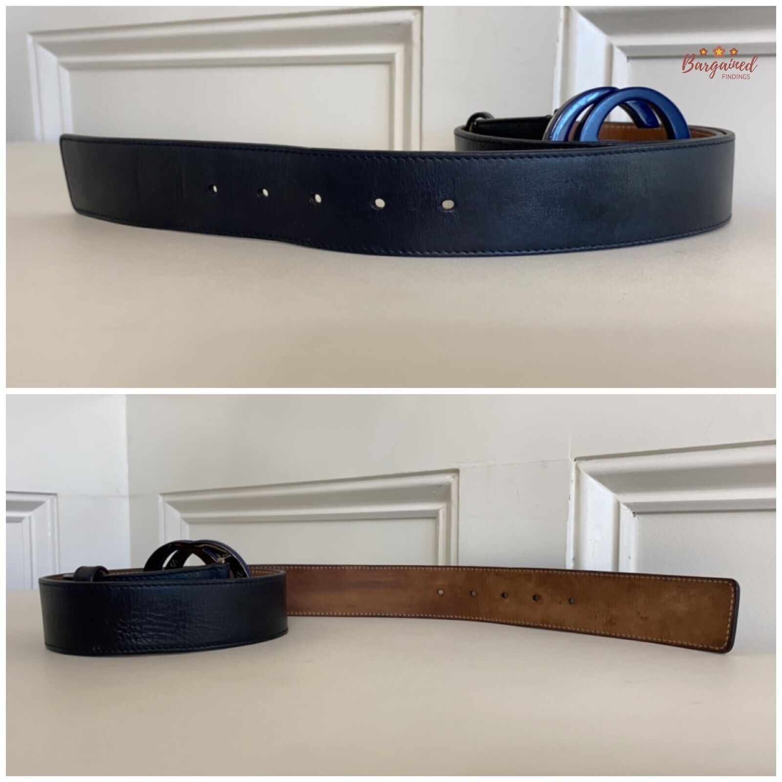 Gucci GUCCI Black Calfskin Leather Blue Interlocking G Buckle Belt Size 32 - 2 Thumbnail
