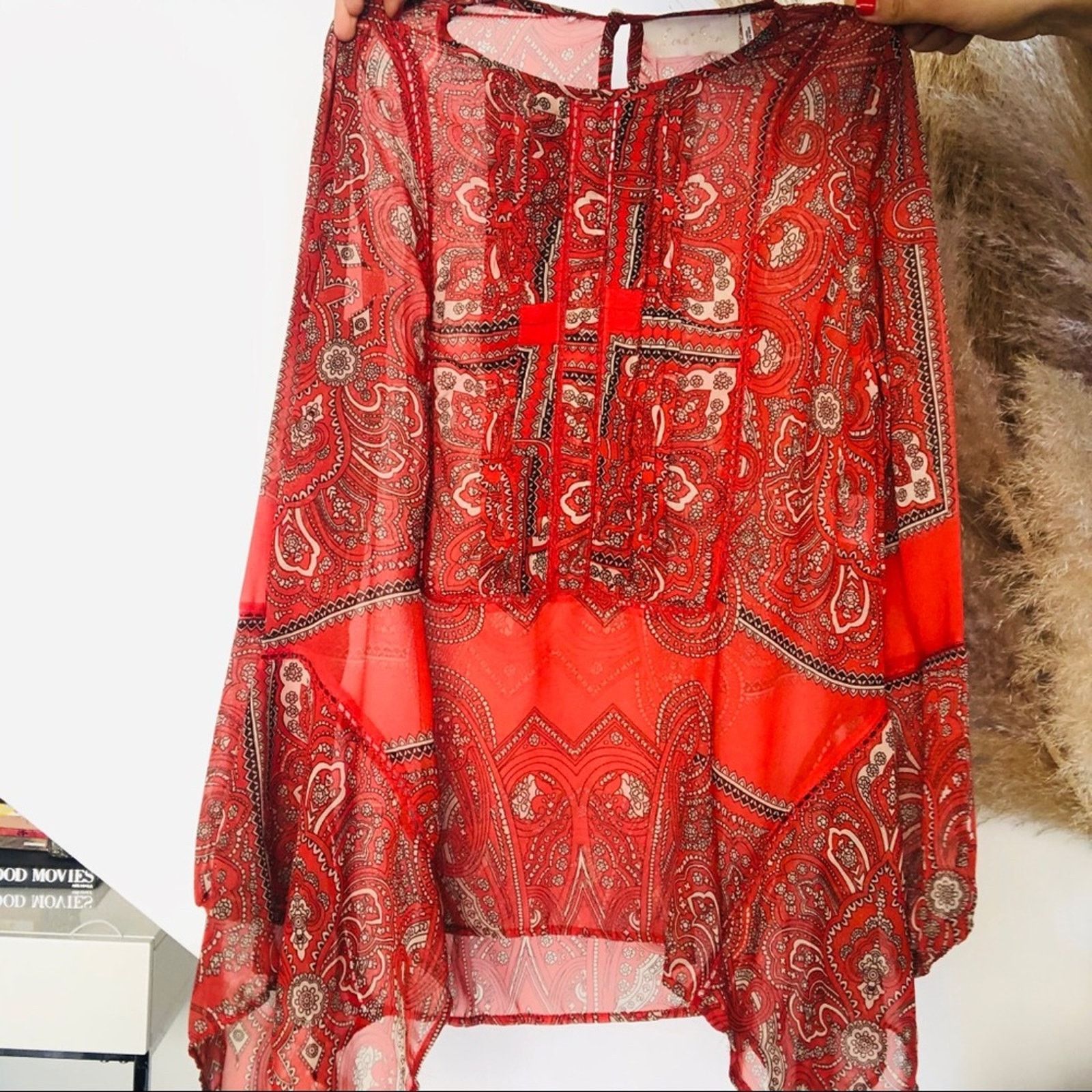 Anthropologie ANTHROPOLOGIE Red White Sheer Paisley Tunic Blouse Shirt Size S / US 4 / IT 40 - 5 Thumbnail