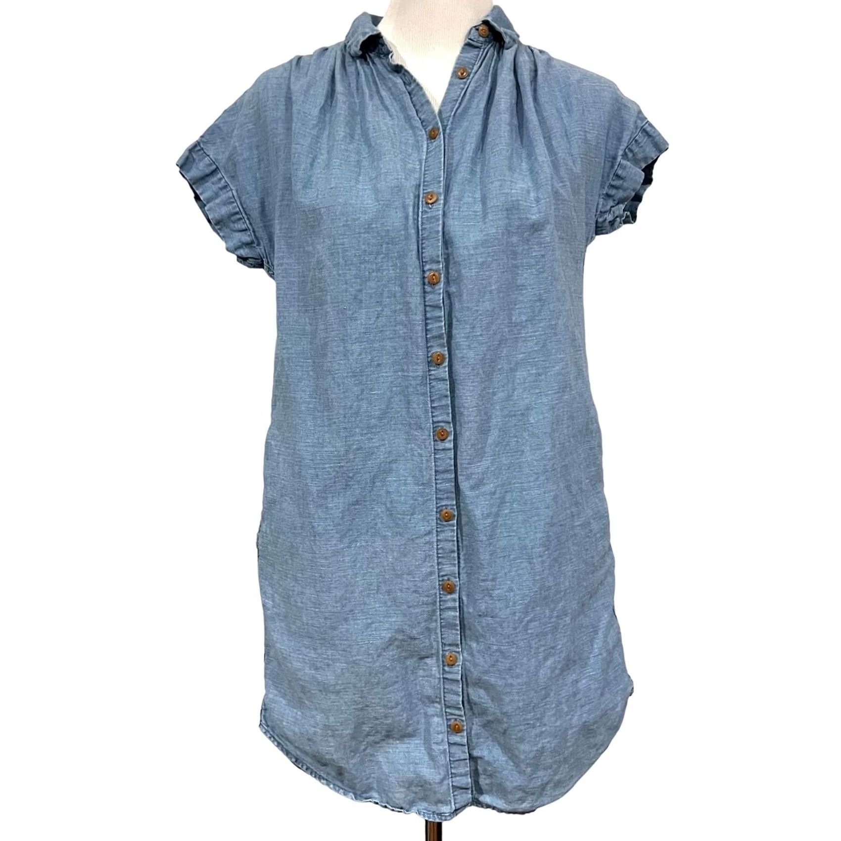 Madewell Madewell Chambray Shirt Dress Denim Linen Cotton Button Front Pockets XS Women Shirt Dress Tunic Short Sleeve Blue Size XS / US 0-2 / IT 36-38 - 2 Thumbnail