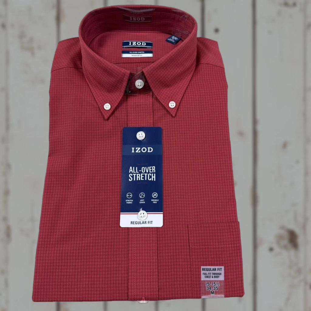 Izod IZOD Shirt Mens M Red All-Over Stretch Regular Button-Down 15-15.5 34-35 Dress Shirt Wrinkle-Resistant Check Collar-Down Vintage No Size US M / EU 48-50 / 2 - 1 Thumbnail