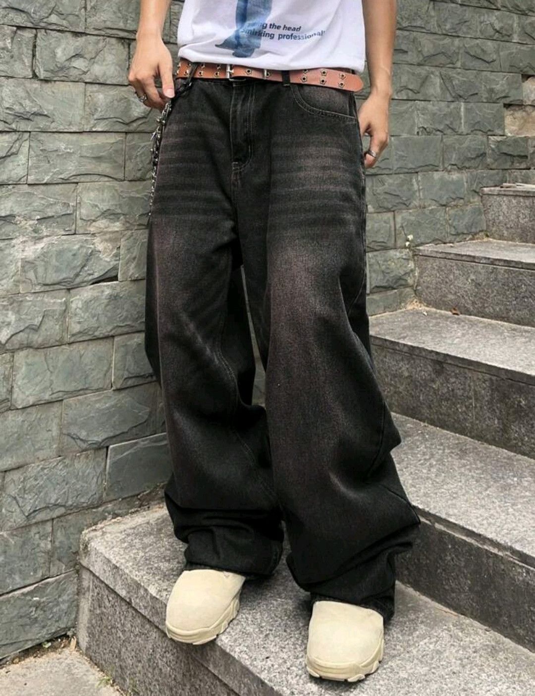Japanese Brand Solid Color Simple Style Baggy Jeans Daily Size US 39 - 4 Thumbnail