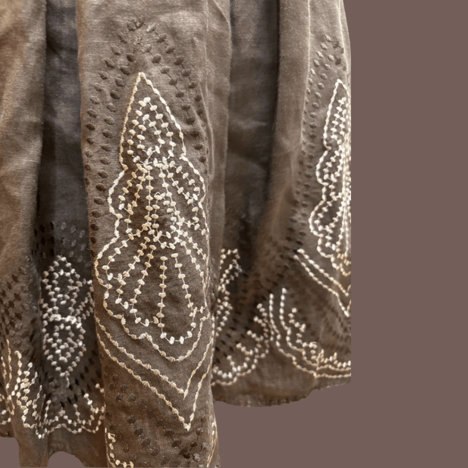 Elie Tahari VTG Linen Skirt | Tahari Embroidered Brown Cottagecore Femme Size 30" / US 8 / IT 44 - 4 Thumbnail