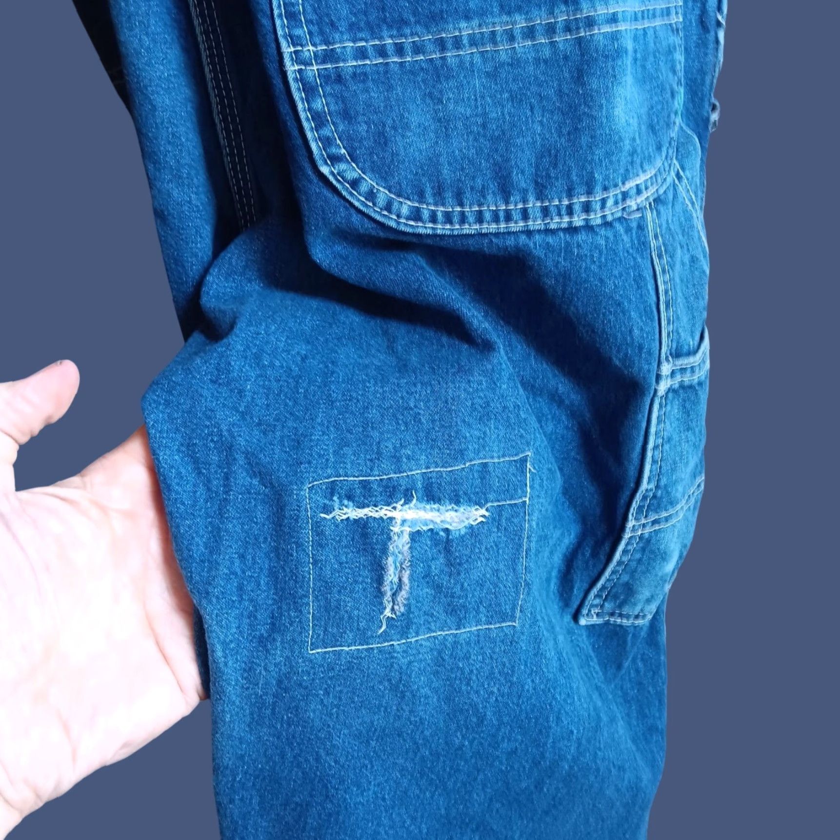 VINTAGE Key Denim Overalls 38x30 Jeans Work Mens 5-Pocket Blue Cotton USA Repaired Patch Stitches 1980s
