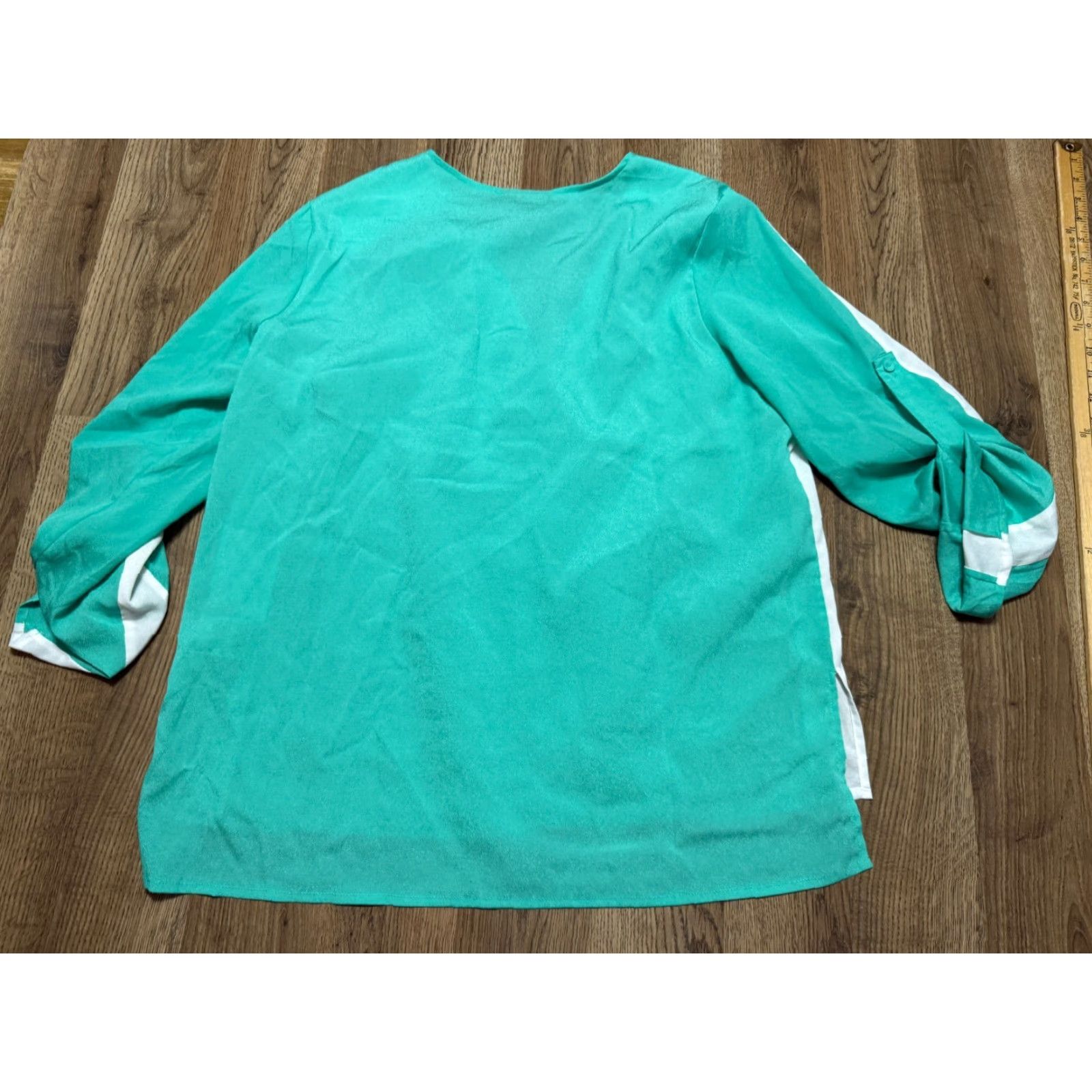 Vintage Metaphor Blouse Women's XL Petite Green White V-neck Long Sleeve Shirt Ladies Regular Fit - Modern Basic Casual - Womens Size XL / US 12-14 / IT 48-50 - 2 Thumbnail