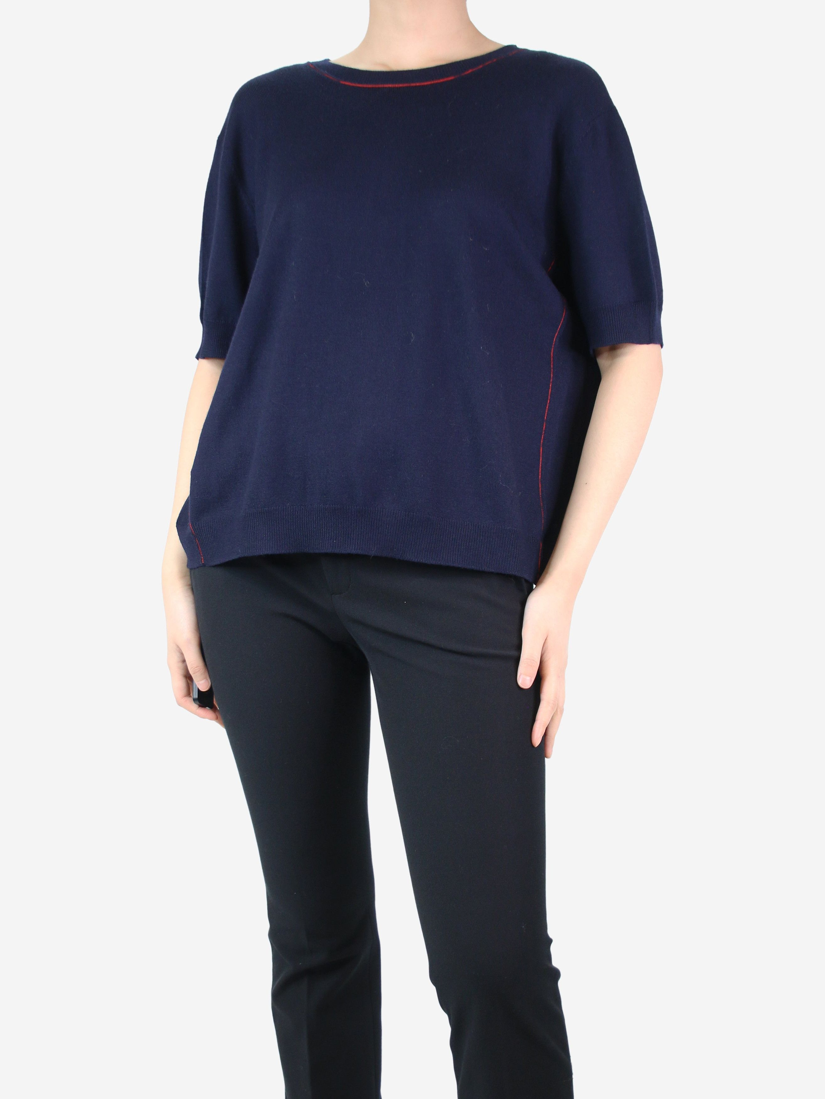image of Miu Miu Navy Blue Short-Sleeved Sweater - Size Uk 12, Women's
