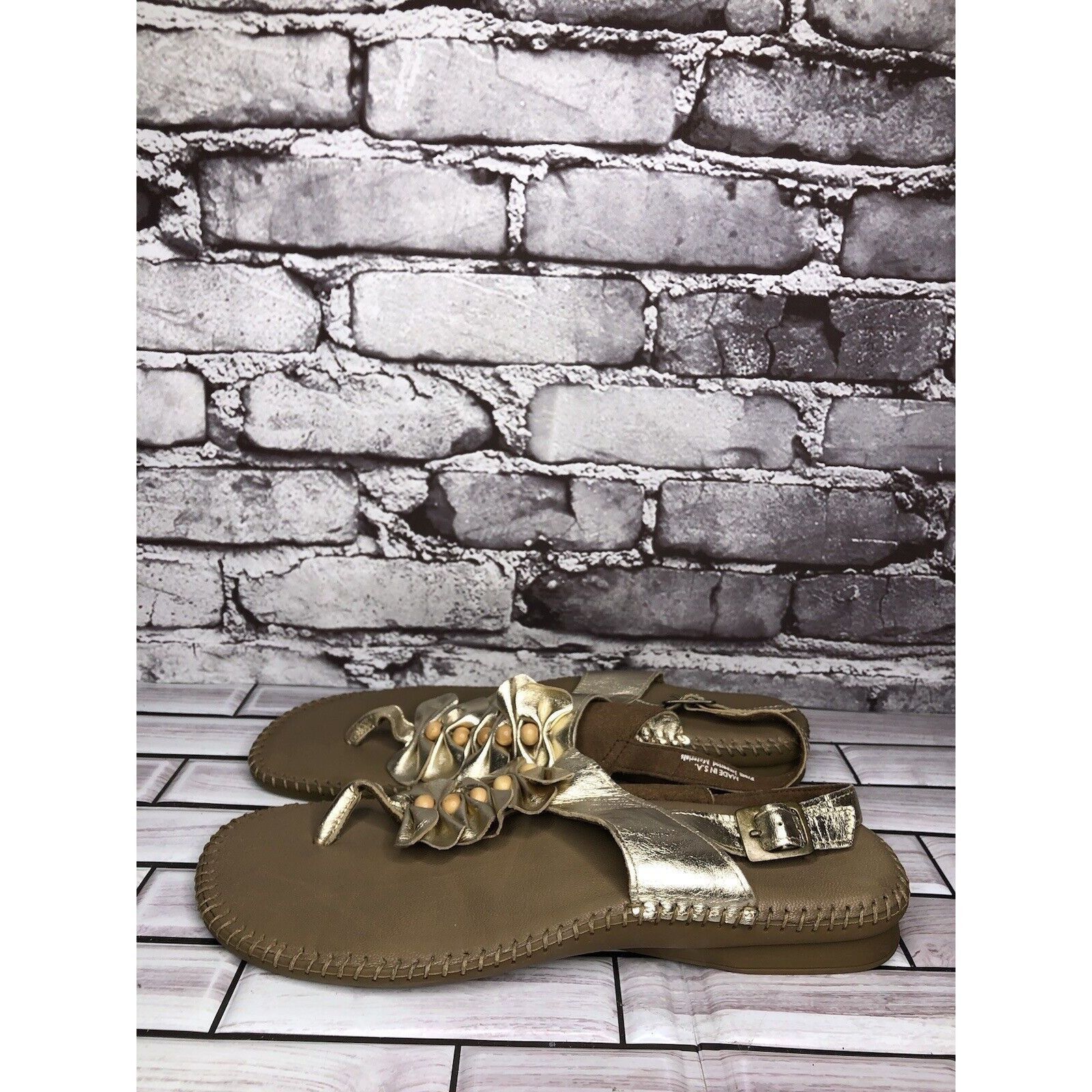 LITTLE AFRICA Soul of Africa Brown Leather Flower Ruffle Slingback Sandals Size US 11 / IT 41 - 11 Thumbnail