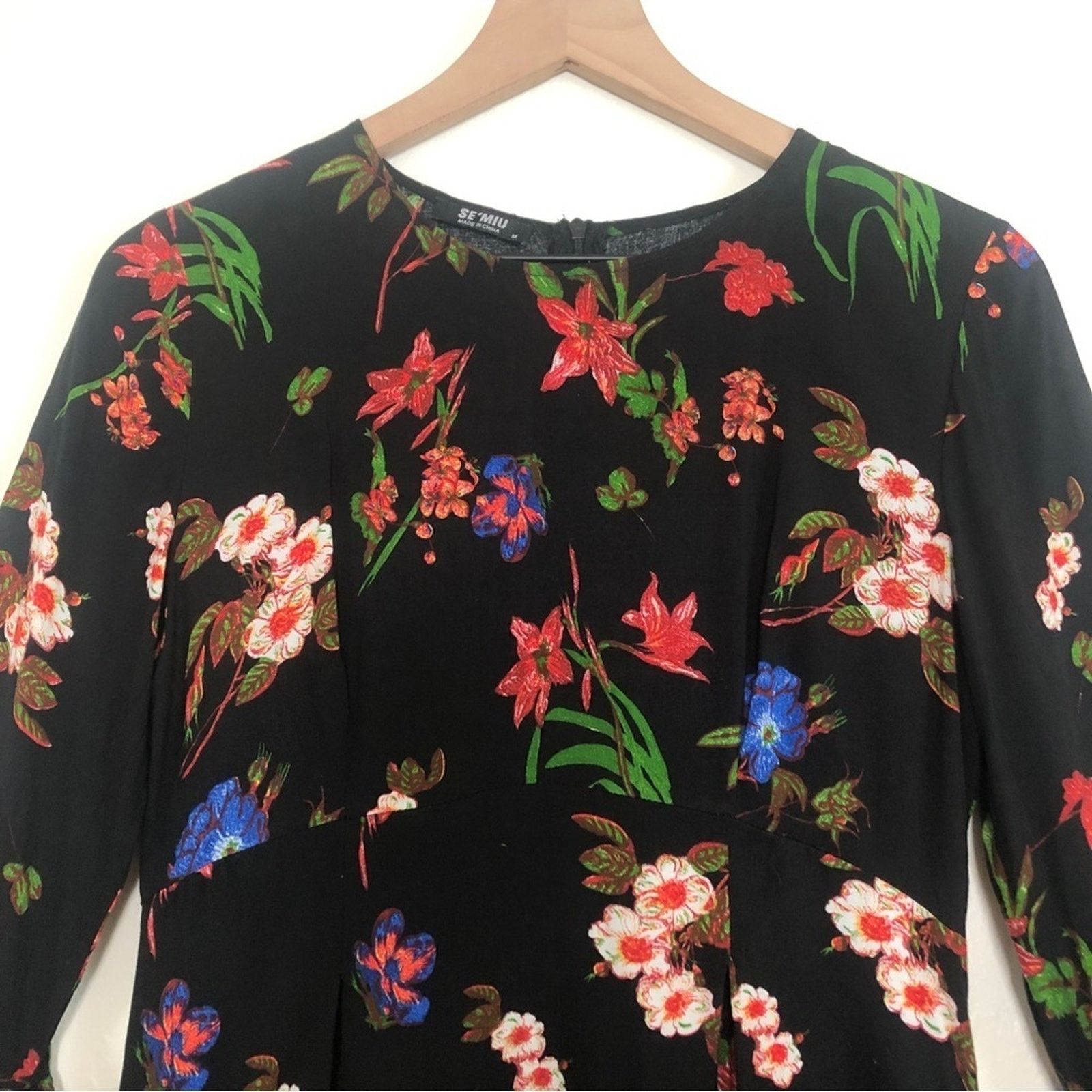 Other Se'Miu Black Floral Tier Bell Sleeves Round Neck Mini Dress Size M / US 6-8 / IT 42-44 - 3 Thumbnail