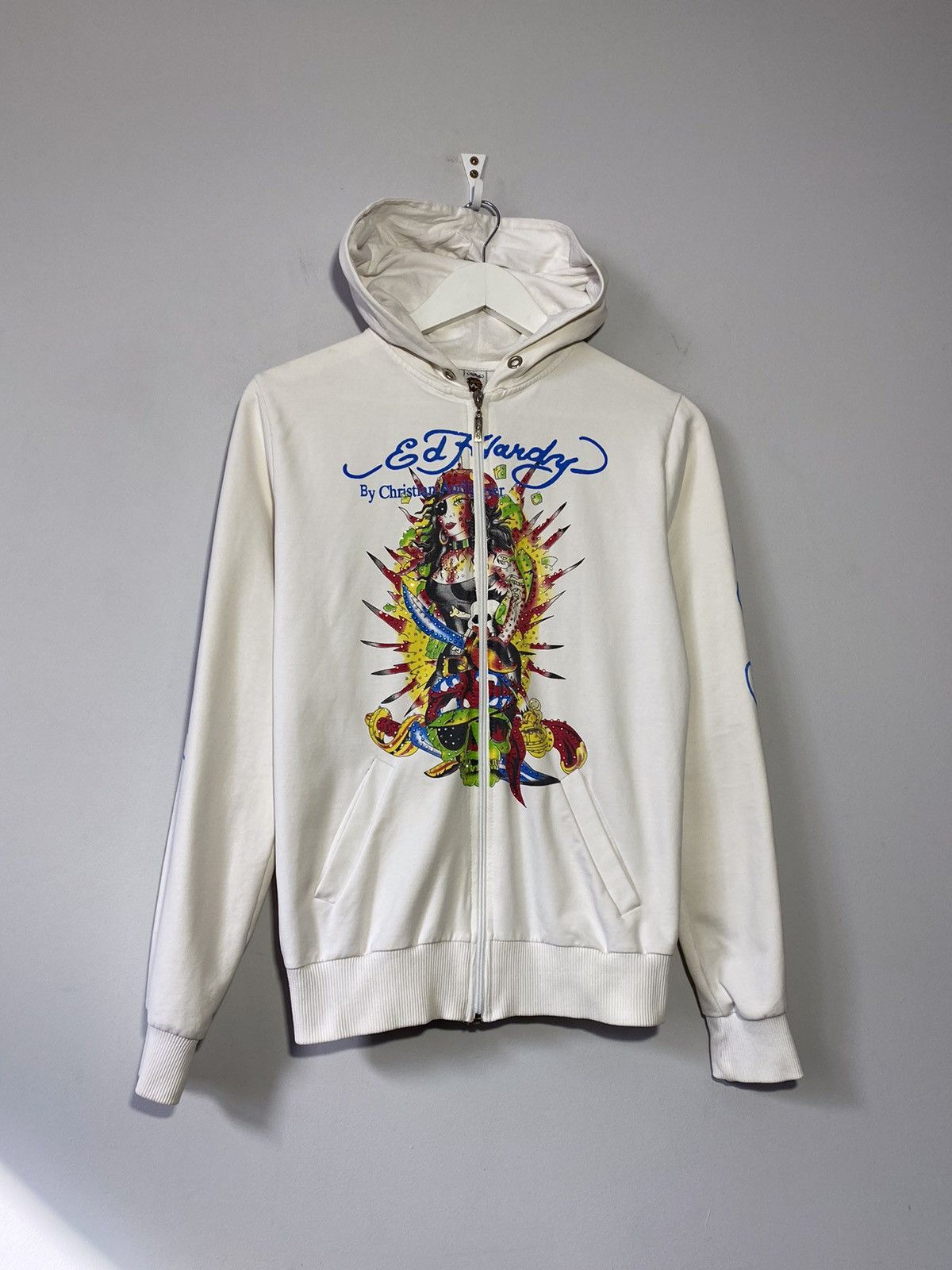 Ed Hardy y2k hype streetwear style white zip hoodie