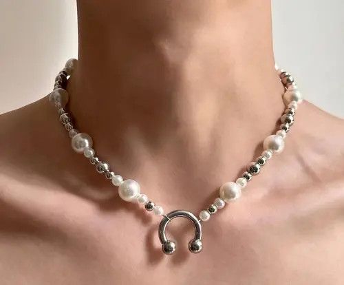 Jewelry Silver and White Pearl Beaded Necklace, Chunky Choker Size ONE SIZE - 1 Thumbnail