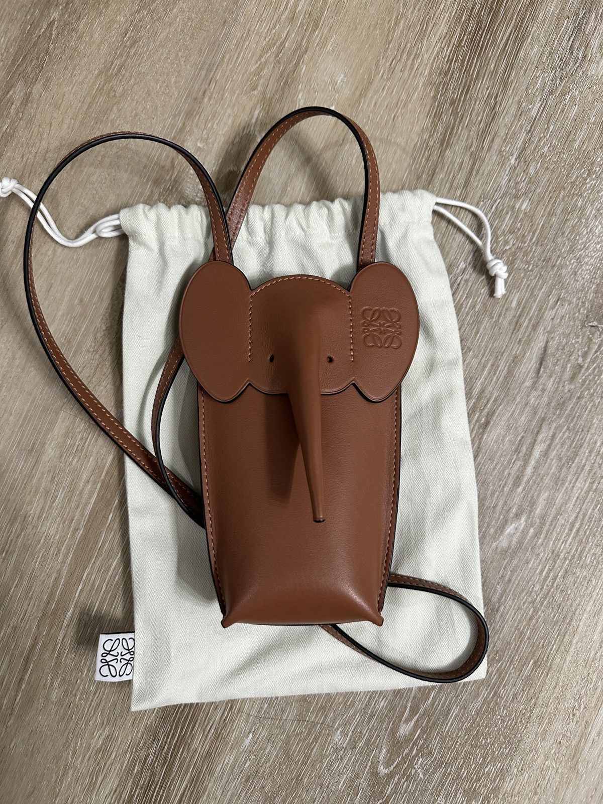image of Loewe Elephant Pocket Phone Pouch Classic Calfskin Shoulder Bag in Tan, Men's