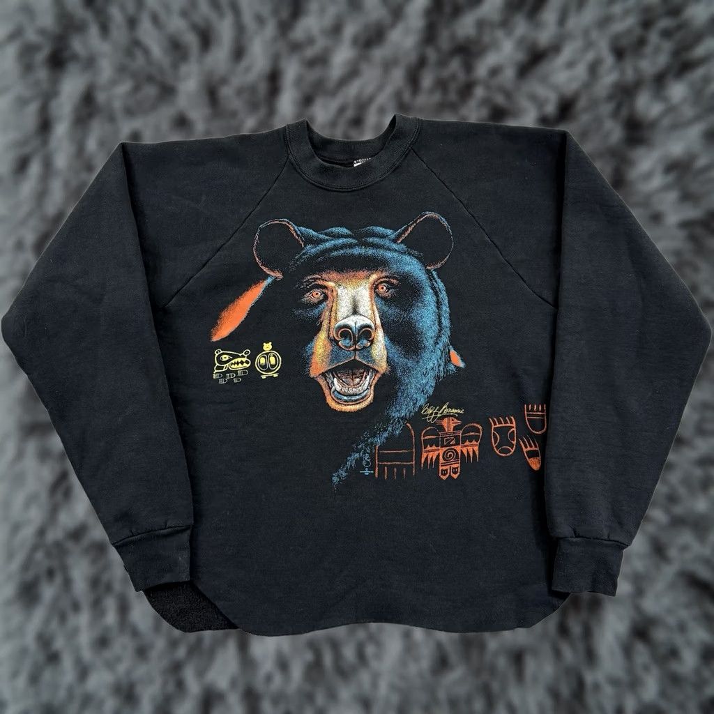 Fruit Of The Loom VINTAGE Grizzly Bear Sweatshirt Adult XL Black Nature Art Aztec 80s Pullover USA Logo Graphic Print 80s Theme Men Women Unisex Size US XL / EU 56 / 4 - 1 Thumbnail