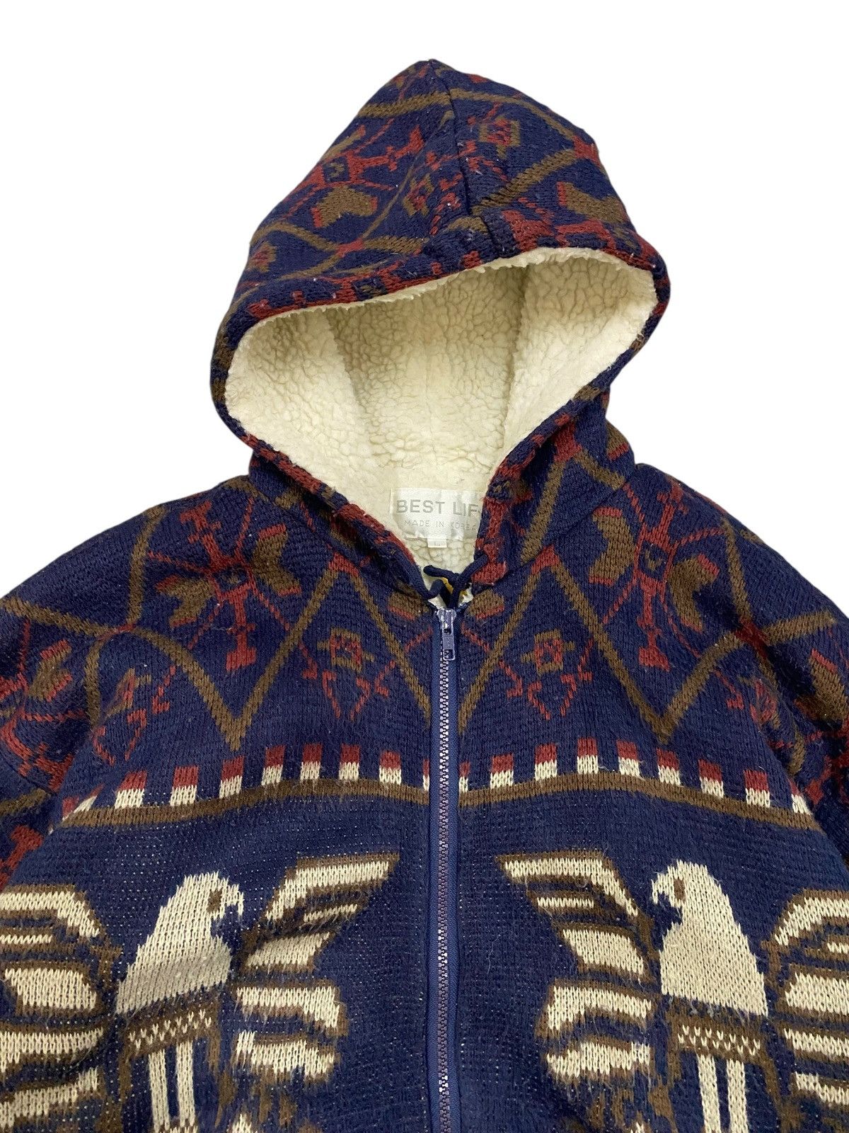 Vintage Vintage Best Life Aztec Eagle Sherpa Lined Knit Zip Hoodie Size US L / EU 52-54 / 3 - 4 Thumbnail