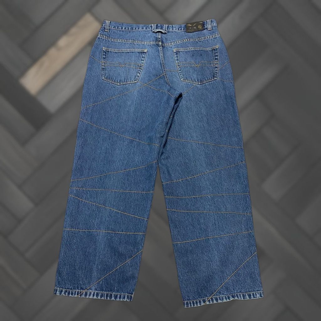 VIBE VIBES Vibes GL Gold Label Baggy Y2K Jeans Men 42x32 Blue Geometric Stitching Denim Cotton 90s Hip Hop Straight 5-Pocket Baggy Button Mens Size US 42 / EU 58 - 1 Thumbnail