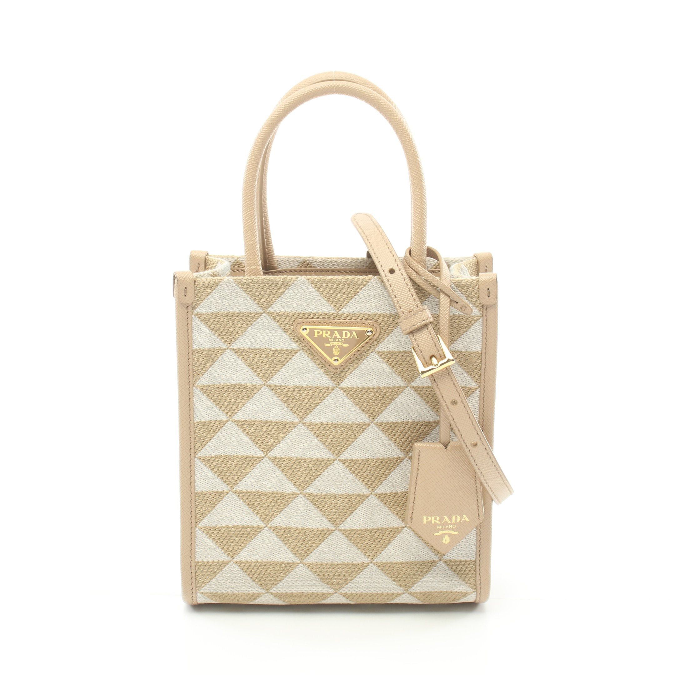 image of Prada Triangolo Jacquard Symbol Embroidery Mini Handbag Canvas Saffiano Leather Beige Ivory 2Way, W
