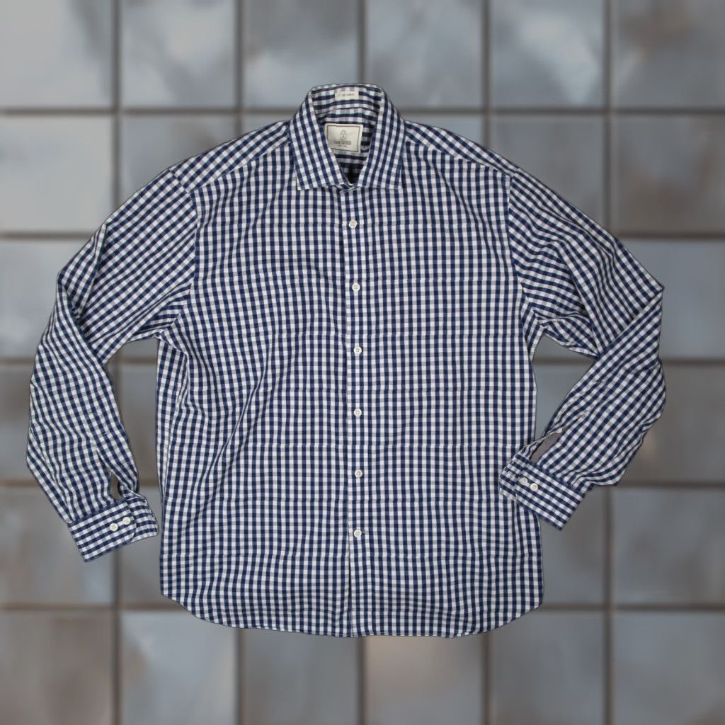 TODD SNYDER Dress Shirt Mens 17 34 Blue Gingham Long Sleeve Button Up 100% Cotton Classic Fit